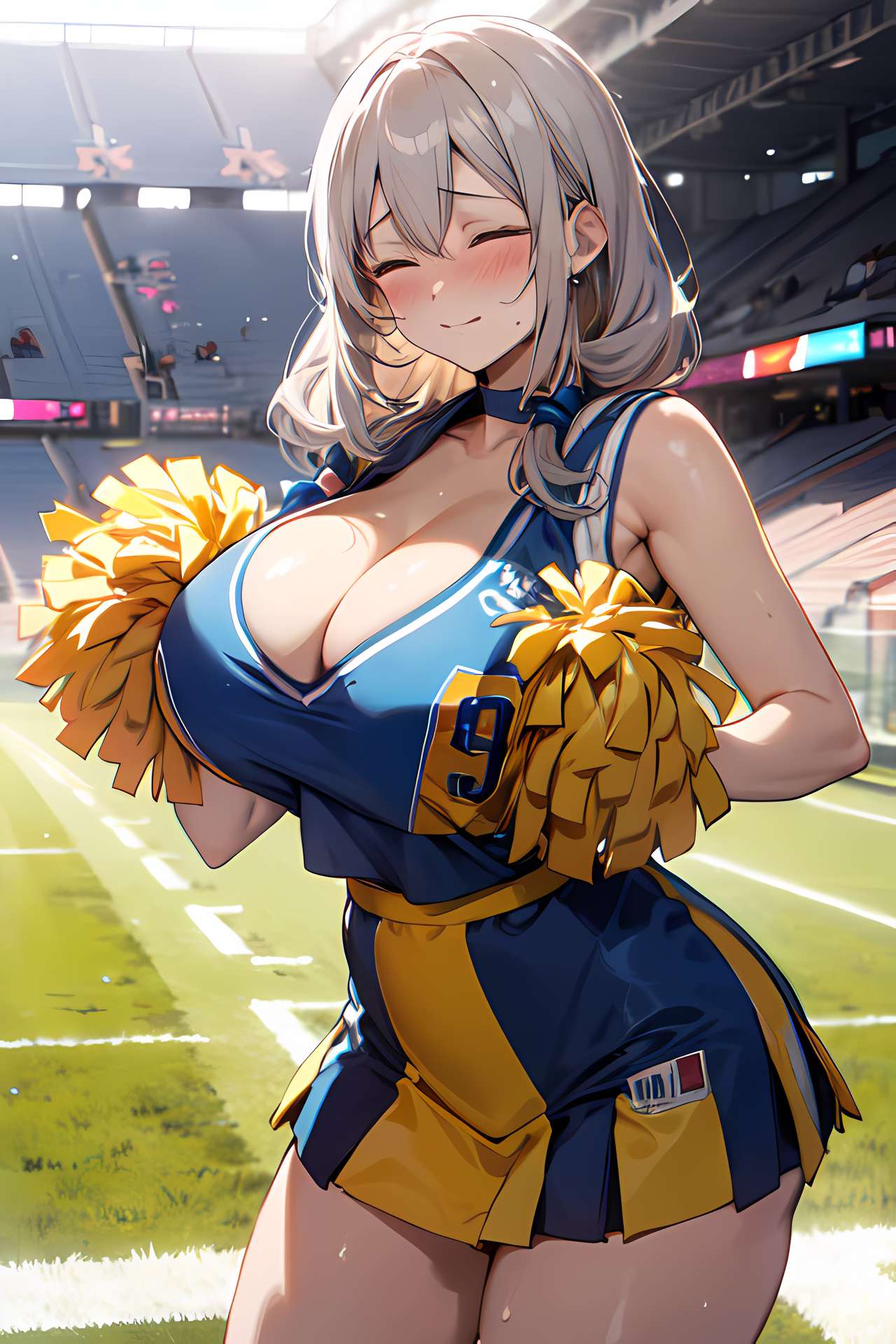 1girls, ai generated, breasts, cheerleader, cheerleader uniform, cleavage, female, flyingpancake, grey hair, hips, huge breasts, light skin, light-skinned female, long hair, mature female, milf, mother, outdoors, side ponytail, skirt, solo, stable diffusion, stadium, thick thighs, thighs, uzaki tsuki, uzaki-chan wa asobitai!, wide hips