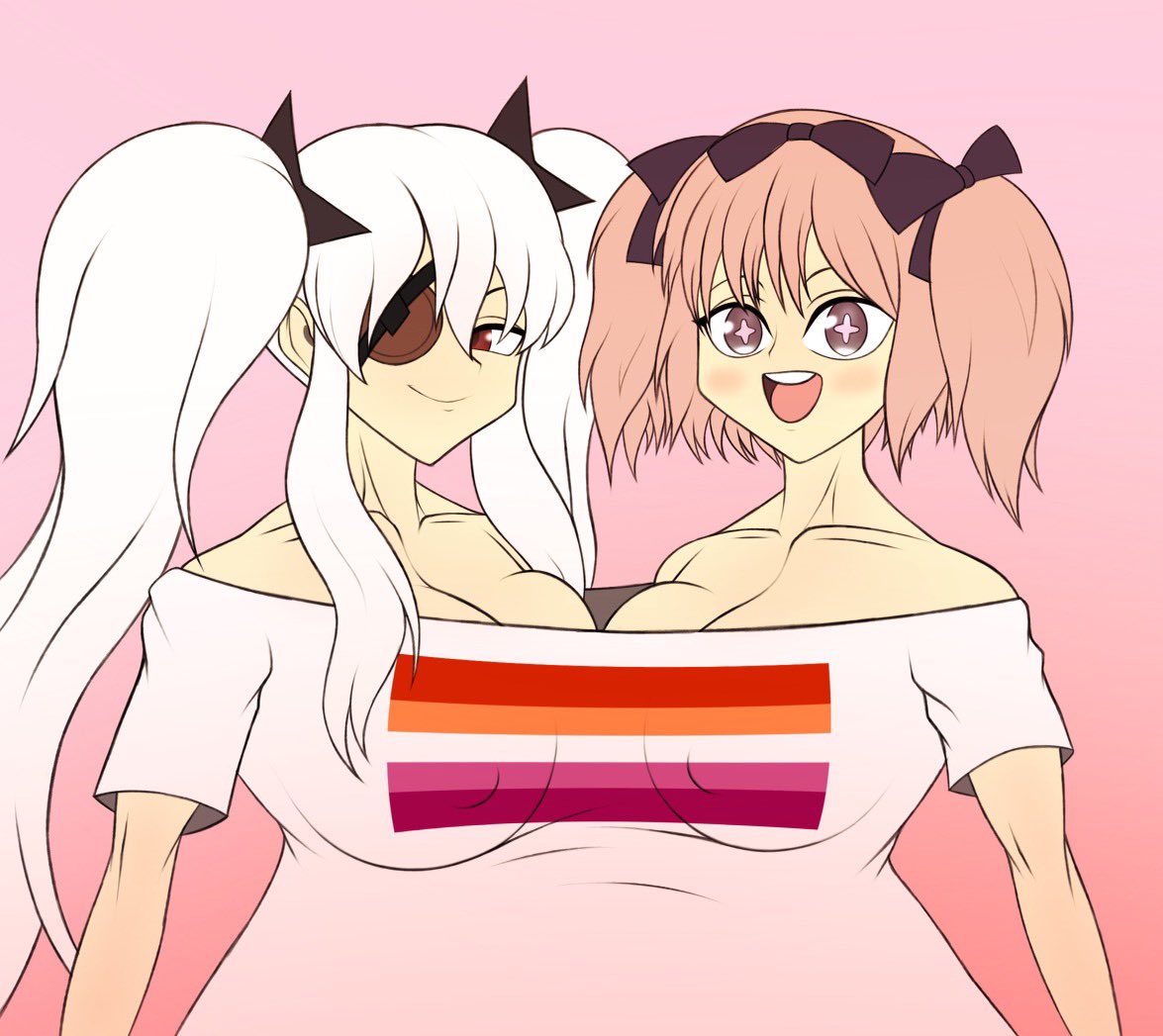 2023 2girls accessory bangs bow breast_squish dragonbreaker duo duo_female exposed_breasts eye_patch flag hibari_(senran_kagura) huge_breasts lesbian_pride_colors marvelous multicolored_eyes nipple_bulge non-canon pigtails pink_hair red_cheeks red_eyes senran_kagura shared_clothes shirt smile smiling_at_viewer twintails white_hair yagyuu_(senran_kagura) yuri