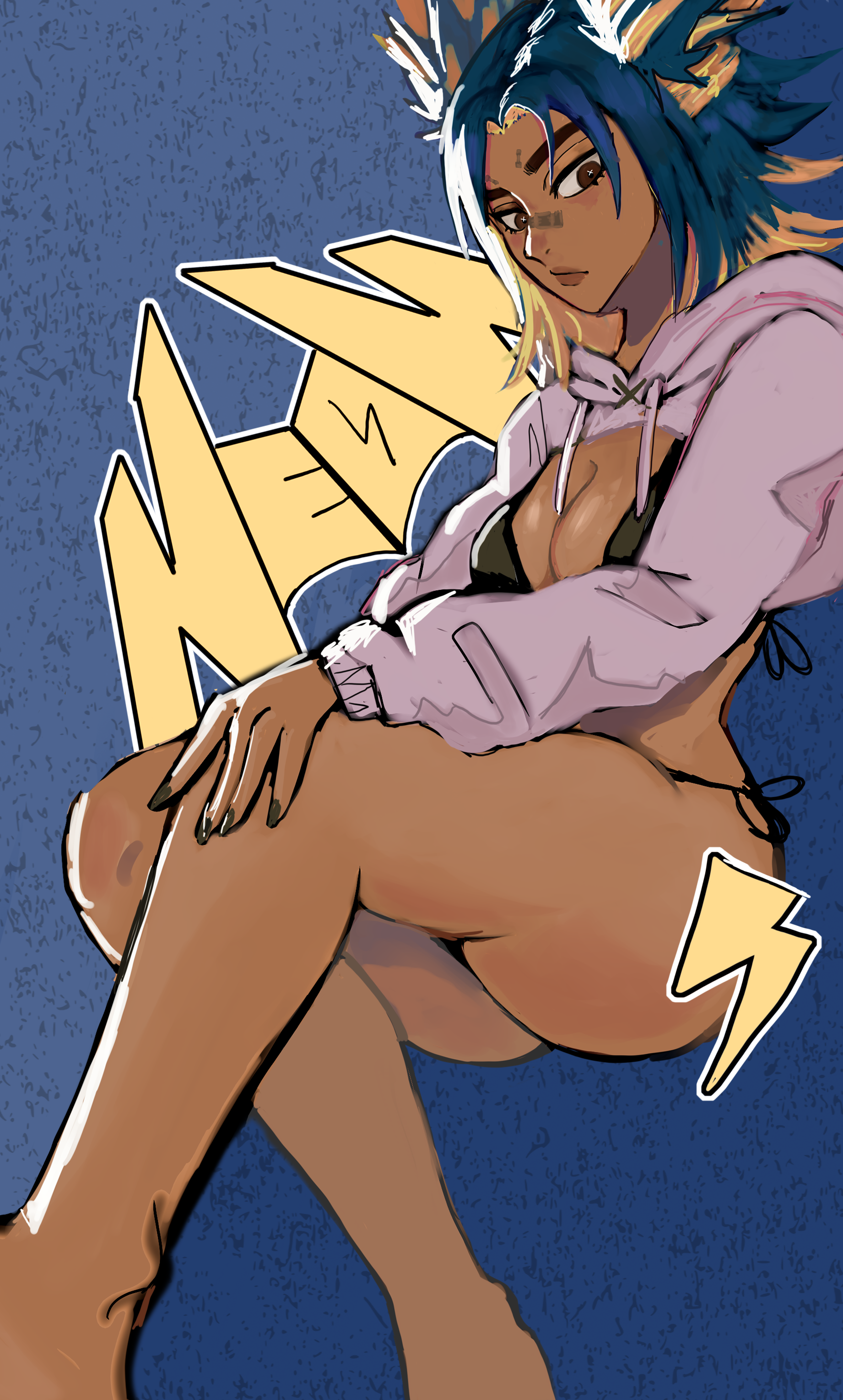 1girls, ass, ass focus, bikini, blonde hair, blue hair, brown eyes, butt focus, cleavage, female, from below, hoodie, legs crossed, looking at viewer, multicolored hair, neon (valorant), twintails, valorant
