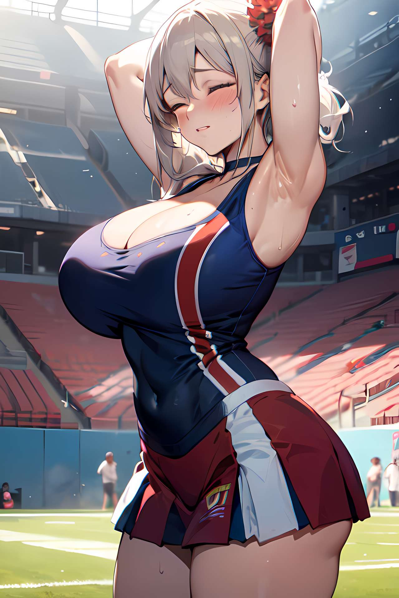 1girls, ai generated, armpits, arms behind head, breasts, cheerleader, cheerleader uniform, female, flyingpancake, grey hair, hips, huge breasts, light skin, light-skinned female, long hair, mature female, milf, mother, outdoors, side ponytail, skirt, solo, stable diffusion, stadium, thick thighs, thighs, uzaki tsuki, uzaki-chan wa asobitai!, wide hips