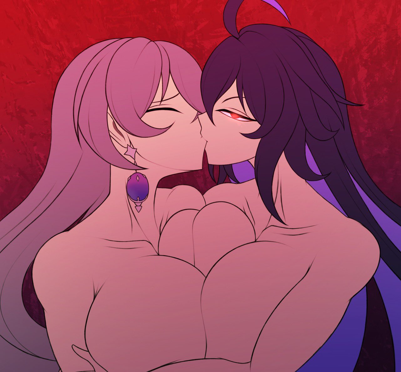 2girls, bangs, black hair, breast squish, breasts, breasts to breasts, bronya rand, closed eyes, dragonbreaker, duo, duo female, earrings, female, glaring, grey hair, holding, honkai (series), honkai: star rail, huge breasts, kissing, long hair, looking at viewer, multicolored hair, nude, nude female, pink hair, purple eyes, red eyes, seele (honkai: star rail), symmetrical docking, yuri