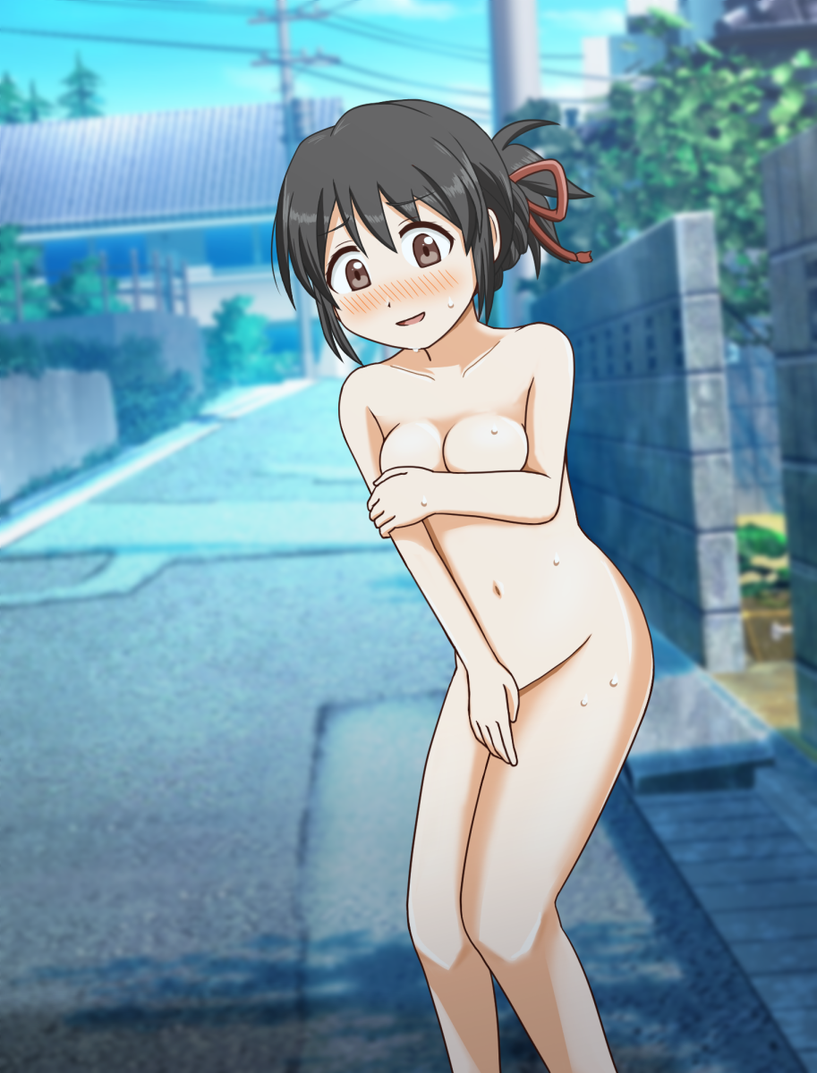 black_hair blush breasts brown_eyes completely_nude covering covering_breasts covering_crotch embarrassed embarrassed_nude_female enf exhibitionism female highres kimi_no_na_wa. medium_breasts miyamizu_mitsuha nanchakohu navel nude public_indecency red_ribbon ribbon road solo street sweat