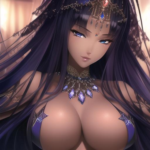 ai_generated barely_clothed black_hair black_veil brown_skin crown huge_breasts jewelry oc original original_character queen royal royalty