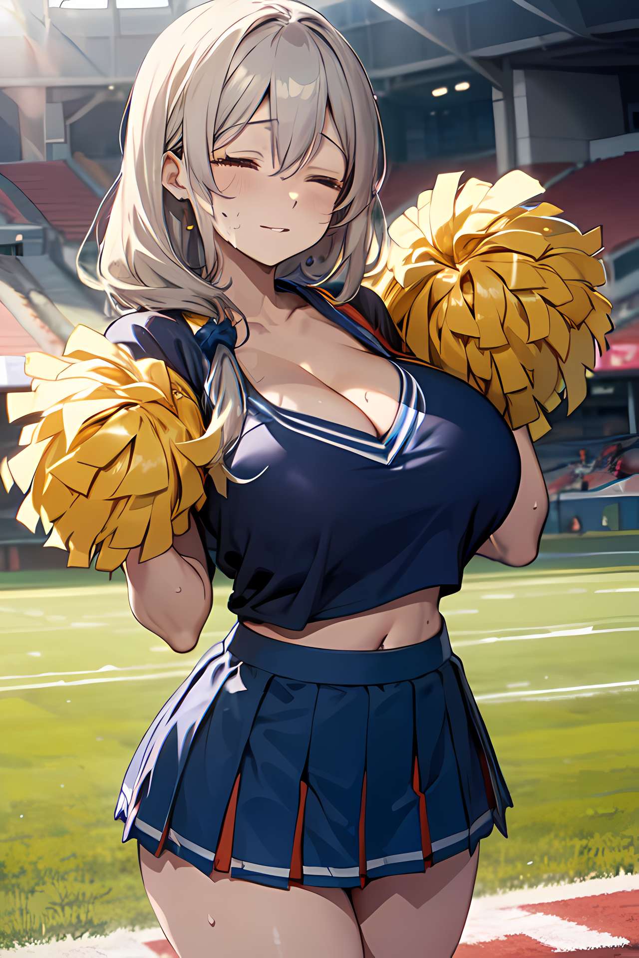 1girls, ai generated, breasts, cheerleader, cheerleader uniform, female, flyingpancake, grey hair, hips, huge breasts, light skin, light-skinned female, long hair, mature female, milf, mother, outdoors, side ponytail, skirt, solo, stable diffusion, stadium, thick thighs, thighs, uzaki tsuki, uzaki-chan wa asobitai!, wide hips