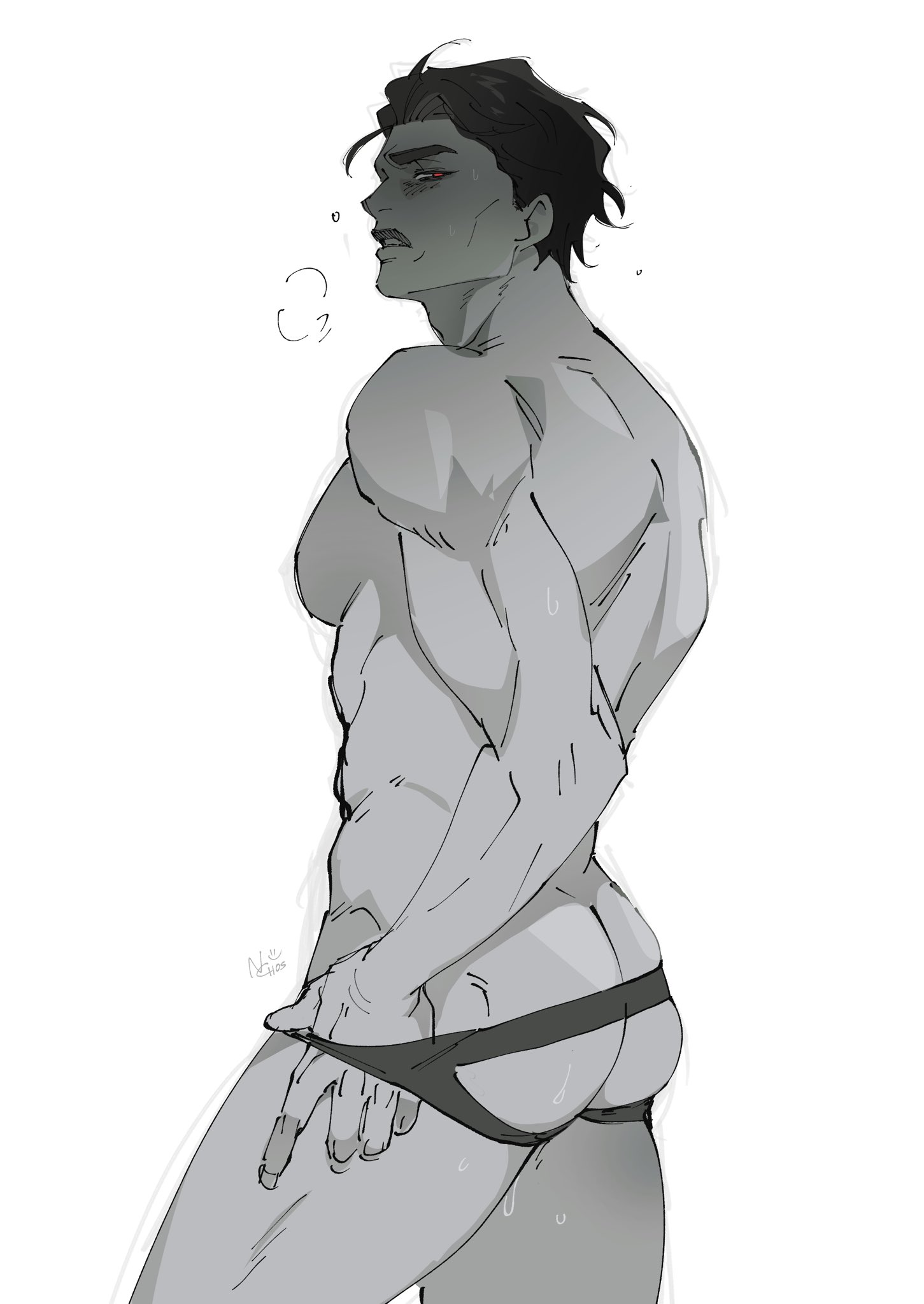 1boy, abs, angry, ass, back, black and white, chos 2099, jockstrap, latino, looking at viewer, looking back, male, male focus, male only, marvel, marvel comics, mature, mature male, mexican, miguel o'hara, monochrome, moobs, nachos (artist), pecs, serious, sketch, solo, solo male, spider-man, spider-man (series), spider-man: across the spider-verse, spider-man: into the spider-verse, sweat, sweatdrop, underwear, undressing