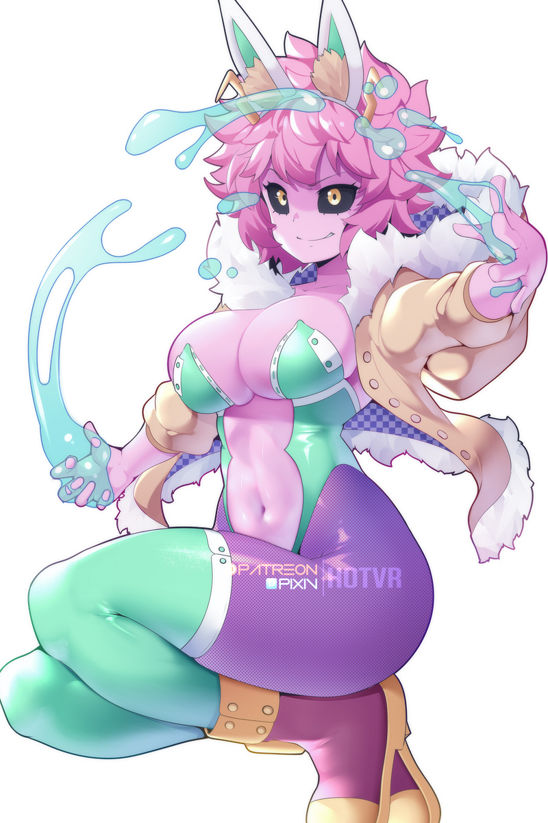 1girls, 2023, 2d, 2d (artwork), amber eyes, artist name, ashido mina, black sclera, breasts, bunny ears, bunny girl, bunnysuit, cleavage, female, female only, golden eyes, hotvr, large breasts, liquid, looking at viewer, mina ashido, my hero academia, no sex, pink body, pink hair, pink skin, pink-haired female, questionable, slim, smile, solo, solo female, squatting, superheroine, superpowers, sweat, thick thighs, white background