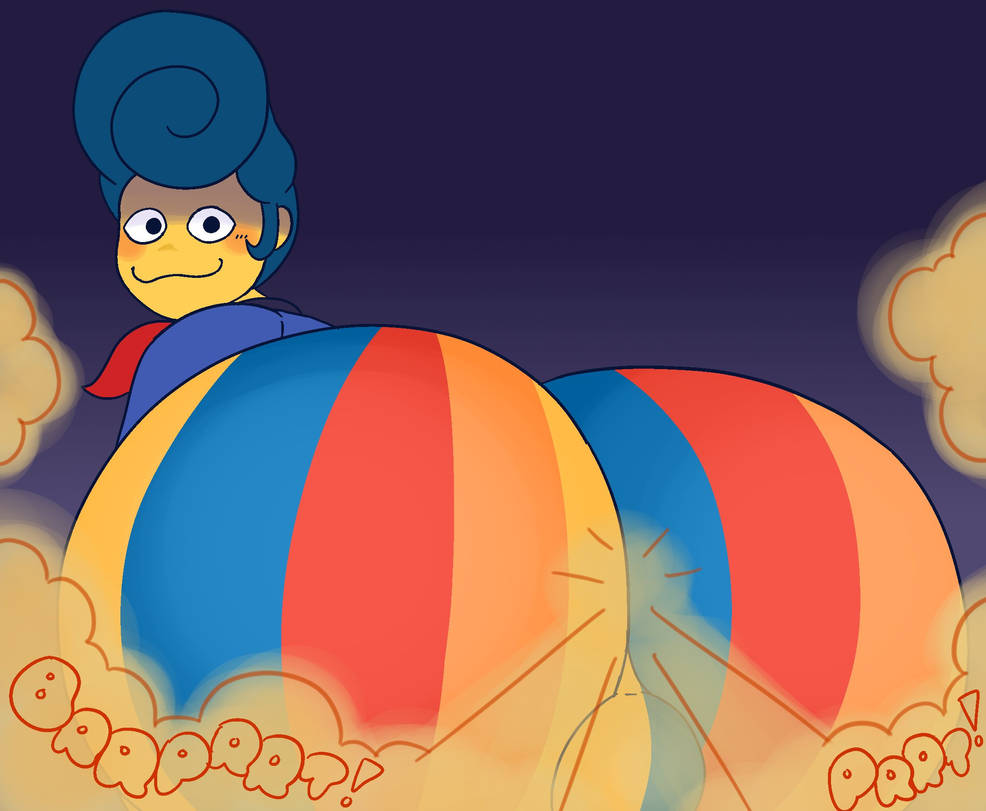 1boy, 2d, ass, ass focus, backsack, balls, ballsack, bending over, big ass, big butt, blue hair, bubble butt, bulge, butt, drawful-s, facefart, fart, fart cloud, fart fetish, farting, farting at viewer, fat ass, fat butt, femboy, girly, huge ass, huge butt, looking at viewer, looking back, looking back at viewer, male, onomatopoeia, pov, presenting hindquarters, puppet, smile, solo, solo male, striped legwear, tight clothing, wally darling (welcome home), welcome home (puppet show), yellow fart, yellow fart cloud