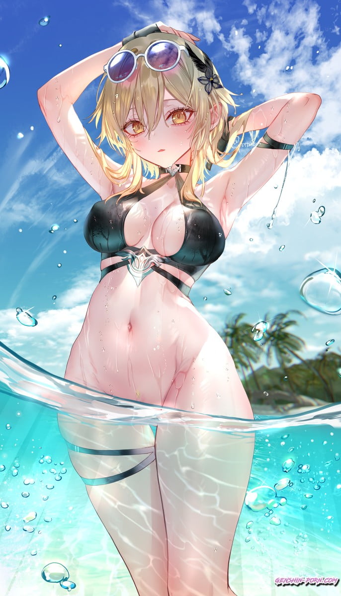 almost naked, almost nude, armpits, arms behind head, arms up, barely clothed, bikini, bikini top, blush, bottomless, bottomless female, cleavage, curvy, female, female only, genshin impact, glasses, golden eyes, island, looking at viewer, lumine (genshin impact), no panties, pottsness, pov, pov eye contact, revealing clothes, sea, sunglasses, water, wet, wet body, wetting, yellow eyes