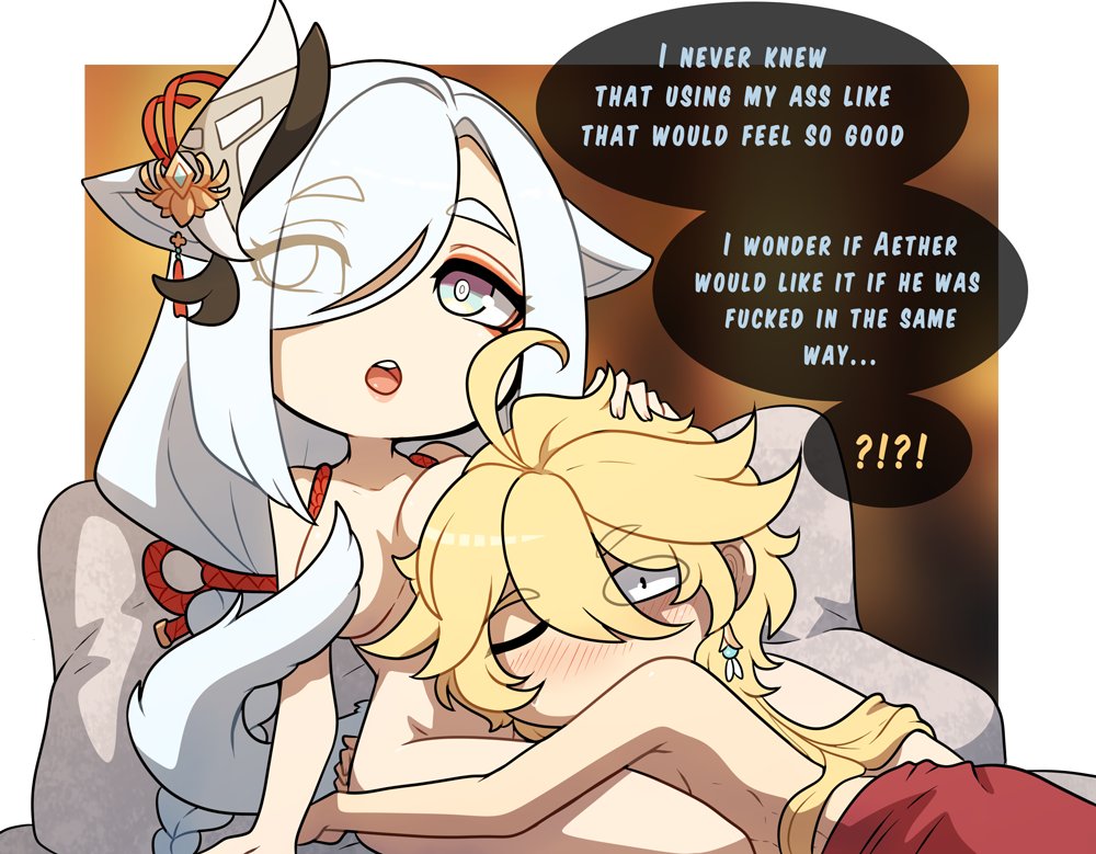 1boy, 1girls, aether (genshin impact), blonde hair, blush, cat ears, cat girl, cat tail, catgirl, cuddling, dialogue, english text, female, genshin impact, hugging, kinkymation, kneeling, male, one eye closed, shenhe (genshin impact), speech bubble, tail, text, white hair