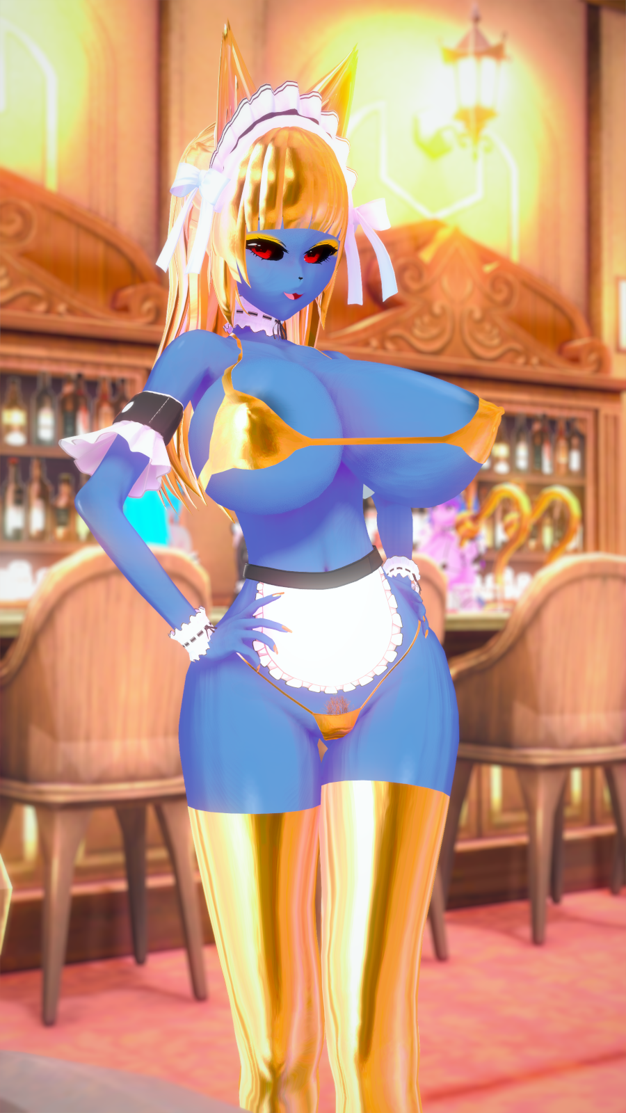 1girls 2023 3d 3d_(artwork) bar_background big_breasts blue_body blue_skin blush cat_ears catgirl facial_hair female female_focus golden_bikini golden_boots golden_hair hands_on_hips hi_res high_resolution highres huge_breasts koikatsu looking_at_viewer maid maid_outfit maid_uniform metal_slug metal_slug_attack mistpony mummy_cat_(metal_slug) open_mouth red_eyes seductive simple_background snk thick_thighs thighhighs thighs