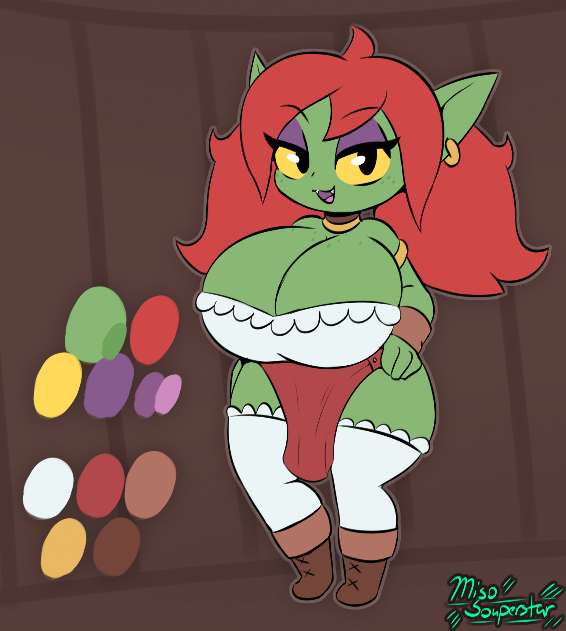 1girls, 2023, 2d, accessory, big breasts, breasts, character sheet, clothed, clothing, earring, fangs, female, freckles, goblin, goblin female, green body, green skin, loincloth, miso souperstar, original, red hair, reference image, reference sheet, shading, shortstack, smile, thick thighs, twintails, velanna wobblestep (miso souperstar), vignette, watermark, yellow eyes, yellow sclera