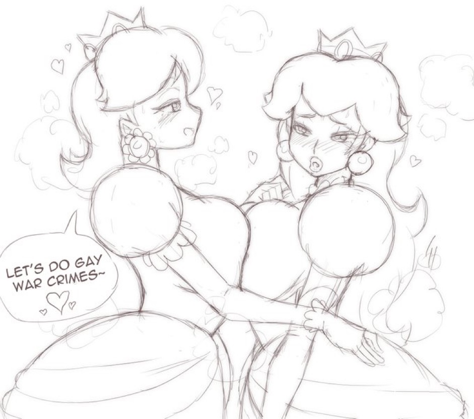 2girls, big breasts, blush, boob squish, breast squish, breasts, busty, crown, dress, english text, female, female only, flirting, funny, giant breasts, hearts around body, hearts around head, hearts around text, heavy breathing, huge breasts, lesbian, long hair, mario (series), monochrome, princess daisy, princess peach, simmsy, sketch, speech bubble, tight clothing, yuri