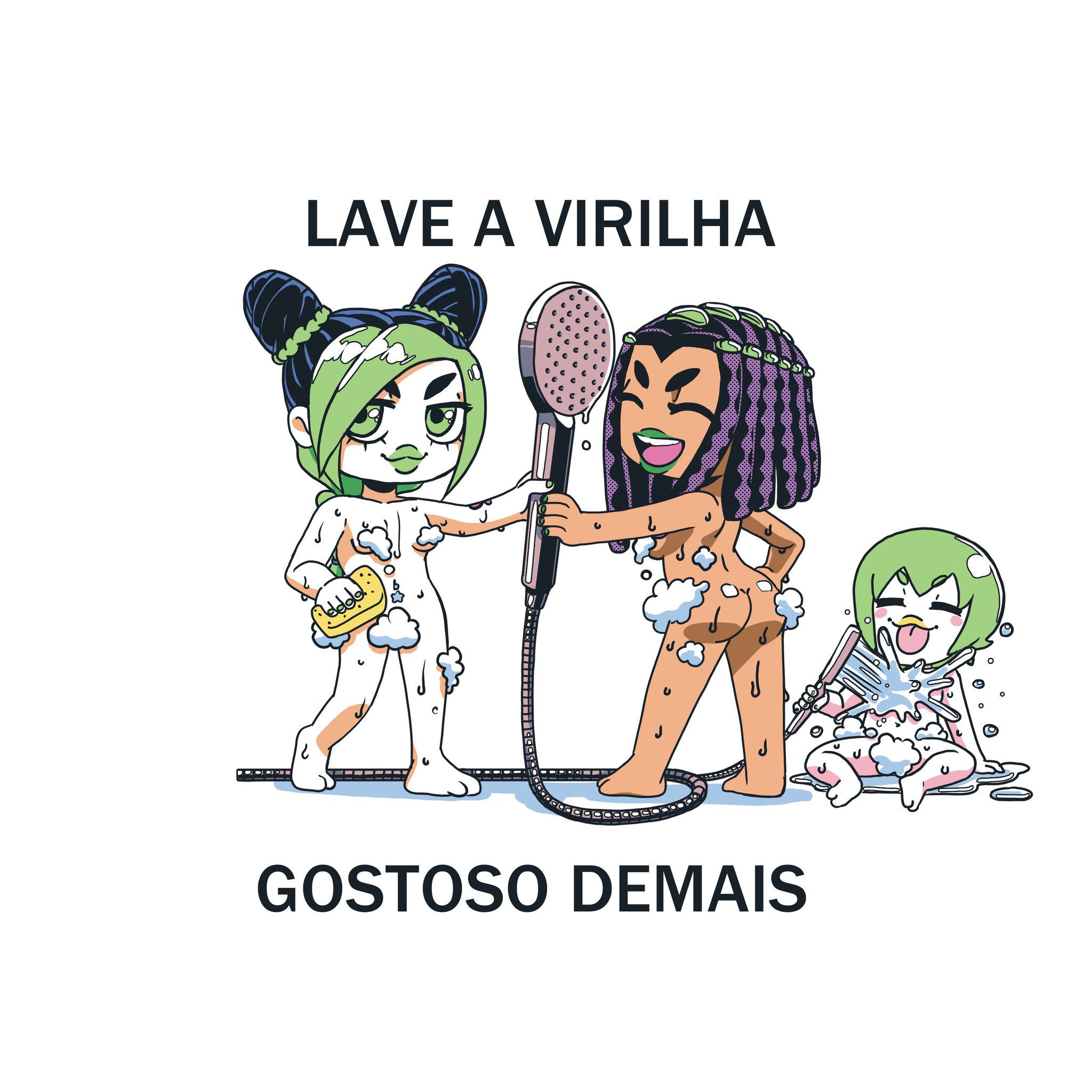 3girls, ass, breasts, ermes costello, female, female only, foo fighters, jojo's bizarre adventure, jolyne kujo, manoxipi, meme, multiple females, multiple girls, nude, portuguese text, shower, soap, stone ocean