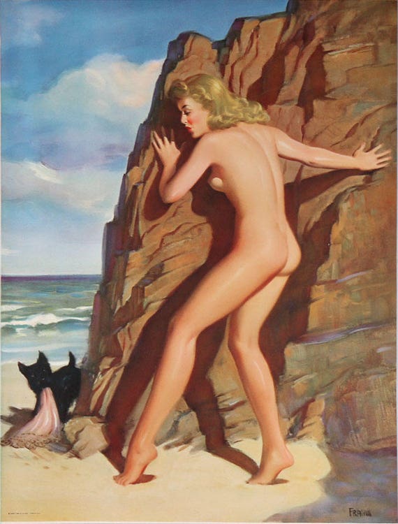 1girls art_frahm ass beach blonde_hair breasts clothes_stolen dog female female_only nude nudity only_female original outdoors pinup pinup_girl short_hair sideboob solo vintage