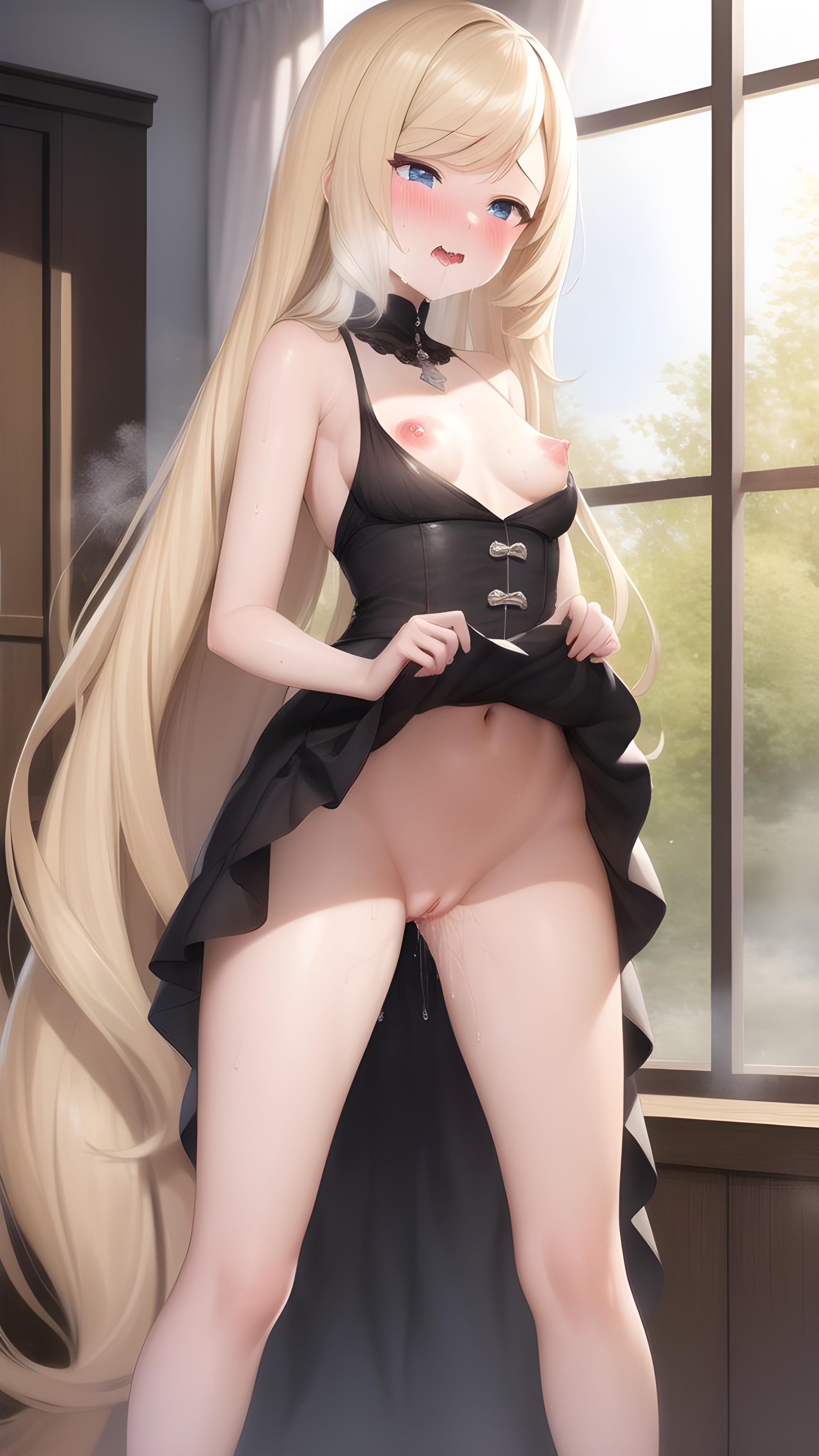 1girls, ai generated, belly, belly button, black dress, blonde hair, blue eyes, blush, breasts, breasts out, dress lift, female, female only, flushed, human, light skin, light-skinned female, long hair, navel, nintendo, nipples, no bra, no panties, open clothes, open mouth, orgasm face, pokemon, pokemon xy, pussy, pussy juice, serena (pokemon), small breasts, solo, underwear