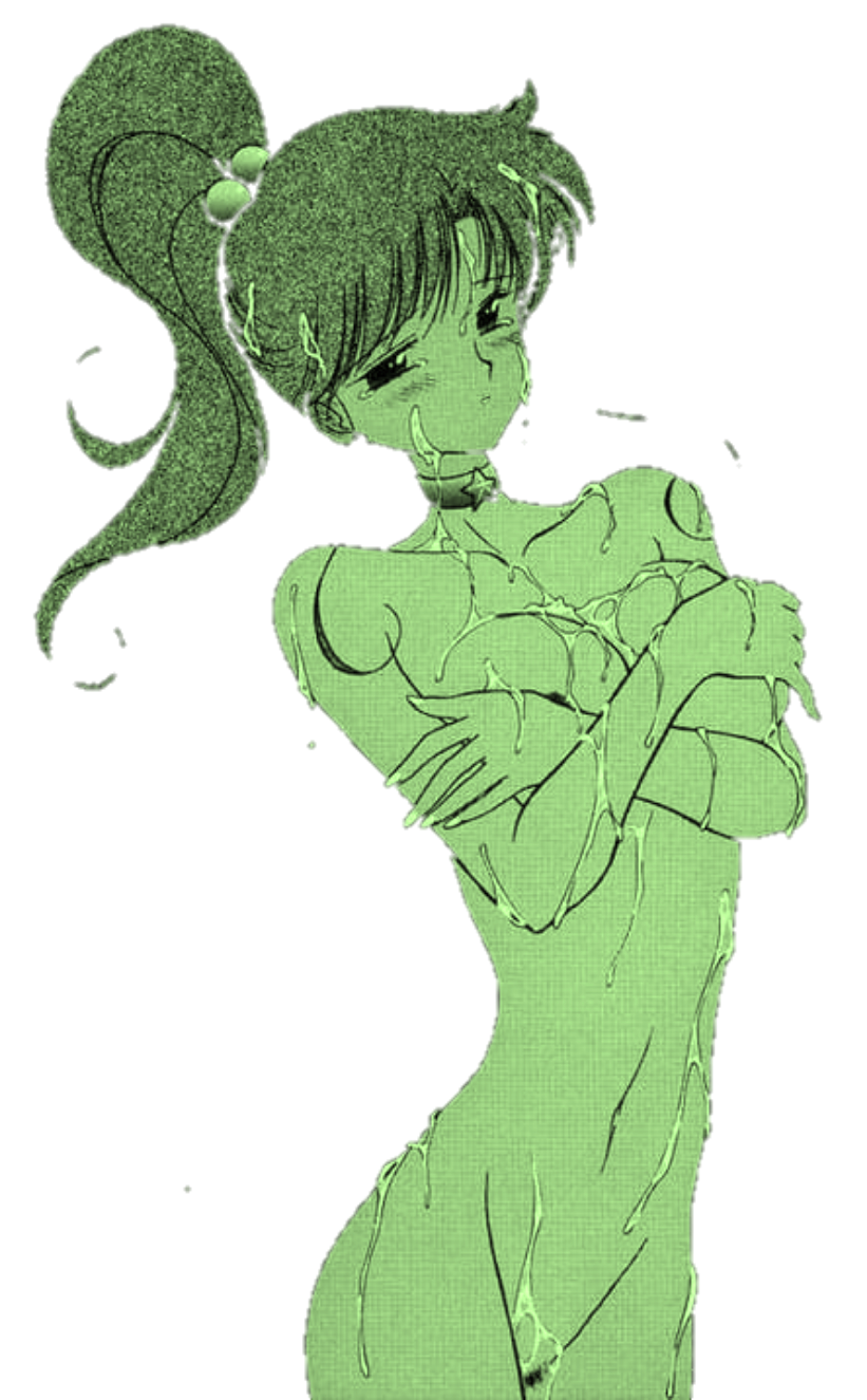 1girls 2d big_breasts bishoujo_senshi_sailor_moon chocker completely_nude covered_nipples covering covering_breasts cum cum_drip female_focus green_body green_skin kuroinu_juu makoto_kino medium_breasts monochrome nude pussy sailor_jupiter shy simple_background solo tears transparent_background