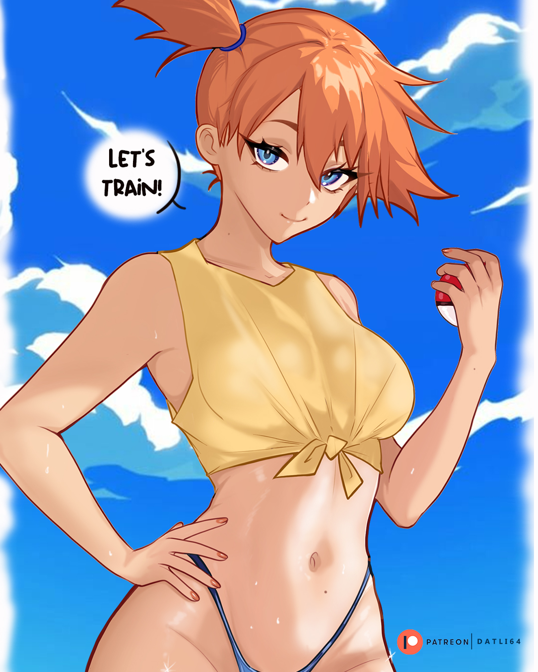 abs, asymmetrical hair, bad tag, blue eyes, breasts, cloud, creatures (company), datli64, female, female focus, game freak, gym leader, hair tie, highres, holding, holding poke ball, kasumi (pokemon), legs, looking at viewer, misty (pokemon), navel, nintendo, orange hair, poke ball, pokemon, pokemon (anime), pokemon (classic anime), pokemon (game), pokemon rgby, ponytail, scrunchie, shirt, short ponytail, side ponytail, sky, sleeveless, sleeveless shirt, solo, thong, wet, yellow shirt