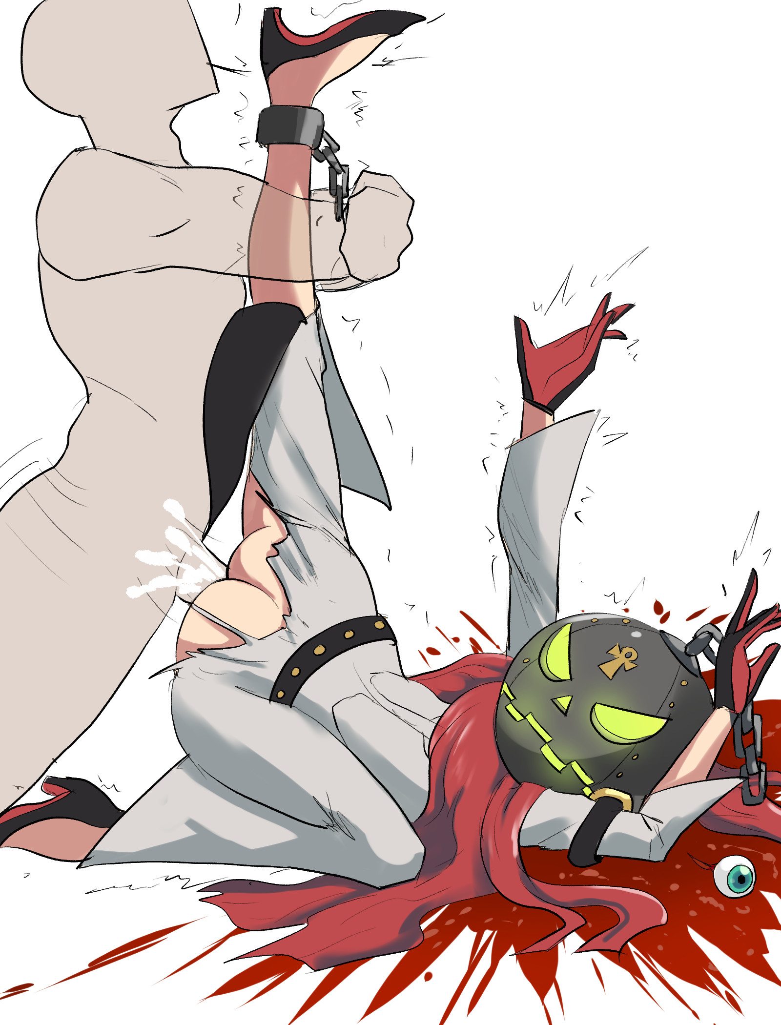 1boy, 1girls, ambiguous penetration, blood, blood splatter, crushed, cum, cum inside, dead, death, eyeball, female, female death, flexible, gloves, gore, guilty gear, guro, head crushing, heels, high heels, jack-o' valentine, male, motion lines, necrophilia, partially clothed, red hair, ripped clothing, snuff, straight, torn clothes, veiled616