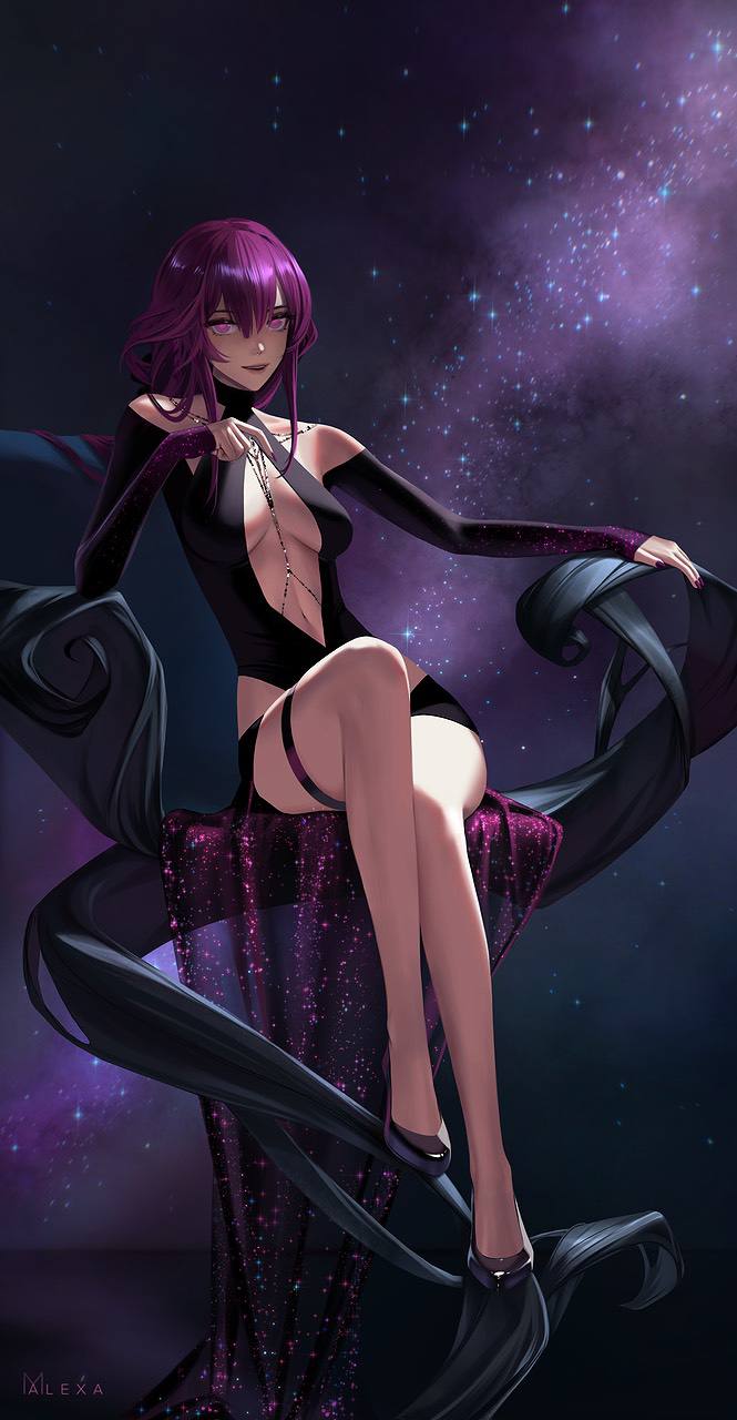 1girls black_dress cleavage honkai:_star_rail honkai_(series) kafka_(honkai:_star_rail) long_dress m_alexa medium_breasts no_bra no_panties purple_eyes purple_hair space tagme