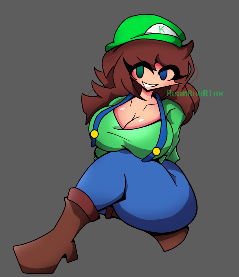 1girls beambobblox big_breasts big_butt brown_hair dumb dumb_face green_hat green_suit heterochromia hips kubbete kurwa_jak_naprawić_samochód_humor1pl plumber sitting_on_floor sitting_on_ground white_skin youtuber