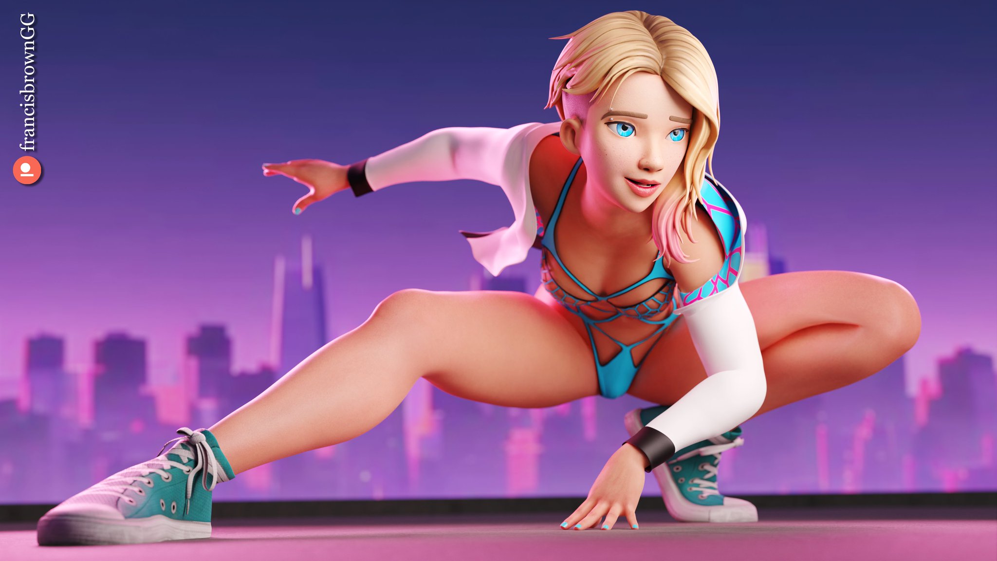 1girls, 3d, ass, athletic, athletic female, big ass, big breasts, blonde hair, breasts, busty, chest, curvaceous, curvy, curvy figure, cute face, digital media (artwork), eyebrow piercing, eyebrows, eyelashes, female, female only, fit, fit female, francis brown, gwen stacy, hero, heroine, hips, hourglass figure, huge breasts, human, large breasts, legs, light skin, light-skinned female, marvel, marvel comics, petite, petite body, shaved side, short hair, slim, slim waist, solo, spider-gwen, spider-man (series), spider-man: across the spider-verse, spider-man: into the spider-verse, superhero, superheroine, thick, thick legs, thick thighs, thighs, top heavy, upper body, voluptuous, waist, wide hips