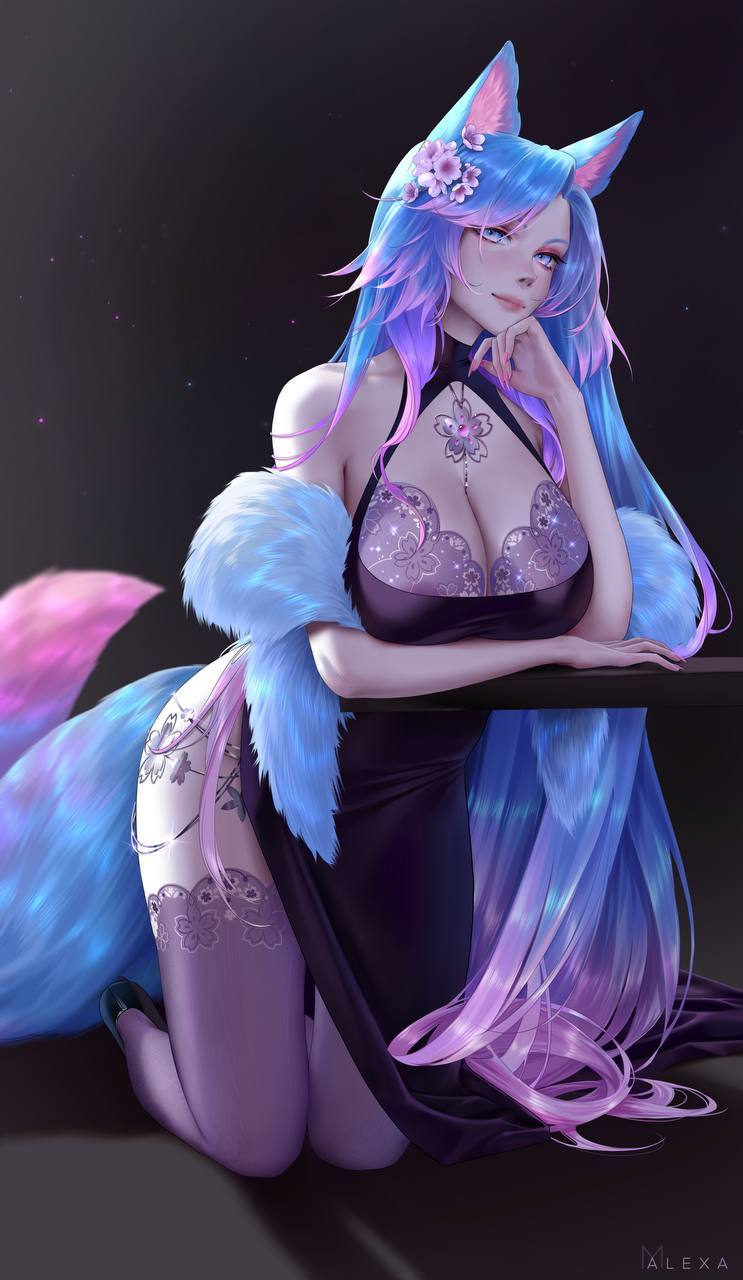 1girls cleavage cleavage_cutout cleavage_overflow female female_focus female_only indie_virtual_youtuber large_breasts light-skinned_female light_skin long_dress long_hair looking_at_viewer m_alexa silvervale stockings tagme virtual_youtuber vtuber wokf_girl wolf_ears wolf_tail