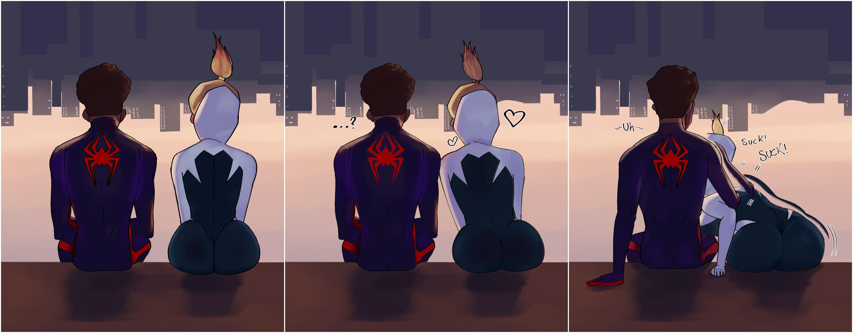 1boy, 1girls, ass, assertive, assertive female, before and after, behind view, big ass, blonde hair, blowjob, bodysuit, bubble ass, bubble butt, city, cityscape, comic, dark skin, dark-skinned male, deepthroat, english text, female, from behind angle, gwen stacy, hantekii, horny female, imminent deepthroat, imminent oral, implied deepthroat, implied fellatio, implied oral, interracial, male, marvel, marvel comics, miles morales, oral, penis, petite, ponytail, romantic, sex, sitting, sloppy, sloppy blowjob, spider-gwen, spider-man, spider-man (series), spider-man: across the spider-verse, spider-man: into the spider-verse, sucking, sucking penis, teenager, wide hips