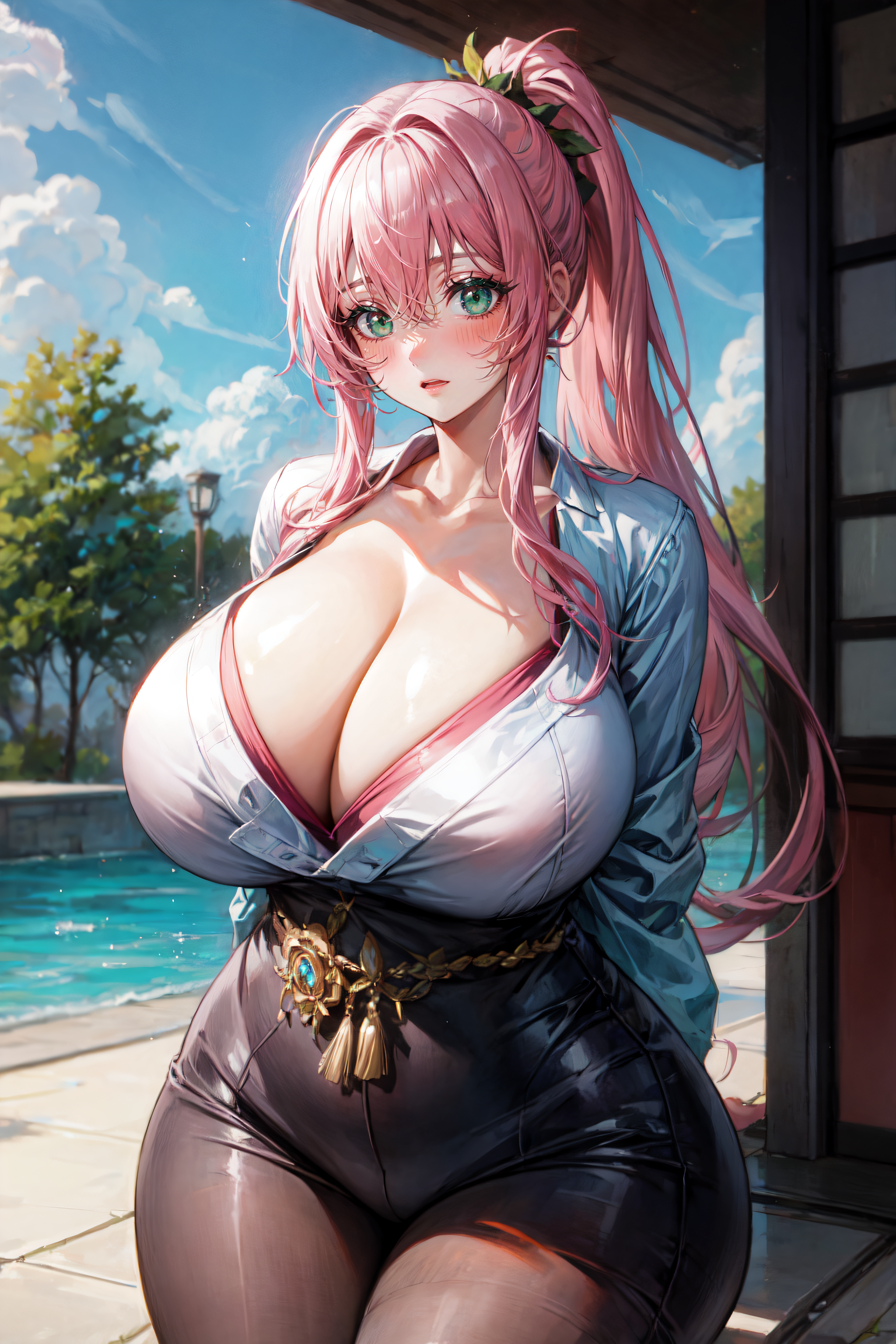 ai generated, arms behind back, breasts, curvy, detailed background, female, gigantic breasts, green eyes, hourglass figure, huge breasts, kimono, long hair, narrow waist, open mouth, original, original character, outdoors, pink hair, ponytail, school uniform, shiny hair, stable diffusion, surprised, thick thighs, tight clothing, wide hips, xenomon