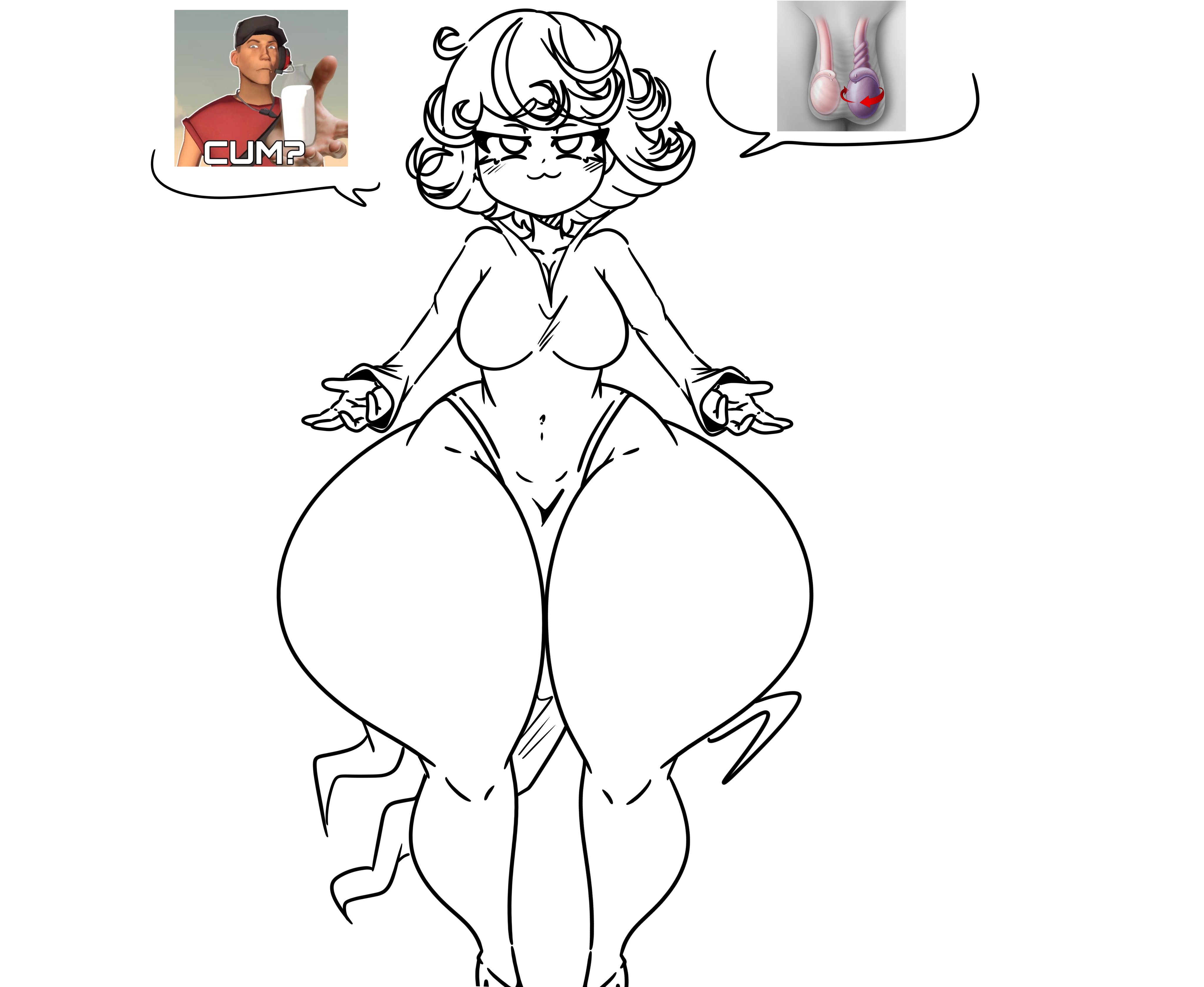 :3, 1girls, ass body, balls, bottom heavy, child bearing hips, cleavage, cum?, female, female only, inakotho, line art, looking at viewer, male, monochrome, one-punch man, scout (team fortress 2), short hair, sketch, smile, solo, standing, tatsumaki, team fortress 2, testicles, text bubble, thick thighs, thunder thighs, uncolored, wide hips
