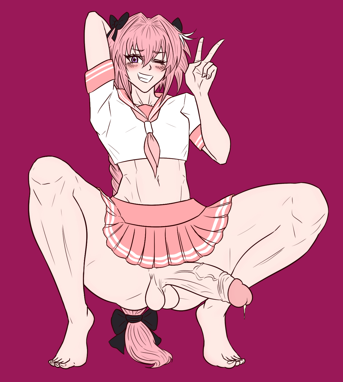 1boy, astolfo (fate), astolfo (fate/apocrypha), balls, big balls, big penis, boy, cute, fate (series), fate/apocrypha, fate/grand order, female, femboy, huge balls, huge cock, hung femboy, hung trap, large penis, male, niramoli, penis, school, school uniform, schoolgirl, skirt, solo femboy, trap, wink, winking at viewer