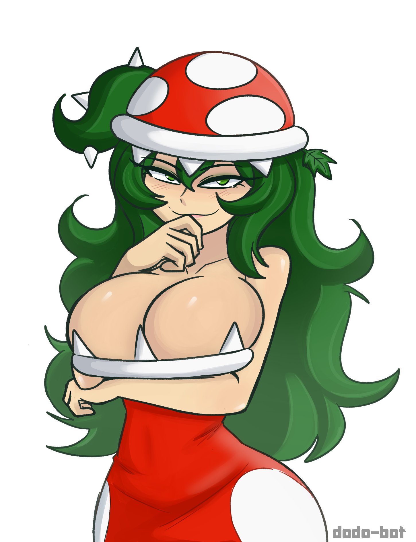 1girls, breast hold, breasts, cleavage, dodo-bot, dress, female, female only, green eyes, green hair, long hair, looking at viewer, mario (series), matching hair/eyes, piranha plant, piranha plant girl, seductive, simple background, smile, solo, standing, tagme, white background