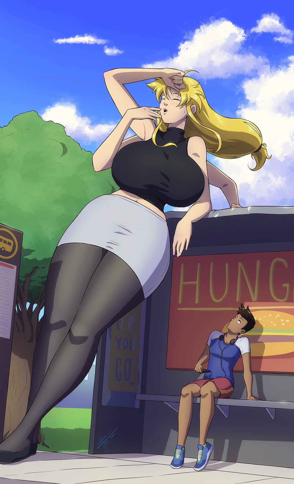 1boy 1girls 4_arms big_breasts blonde_female blonde_hair breasts brown_hair bus_stop female giantess leaning leaning_back light-skinned_female light_skin long_hair long_legs mini_giantess multi_arm multi_limb short_hair sleeveless sleeveless_shirt tall_woman thick_thighs thighs windy zerohour99