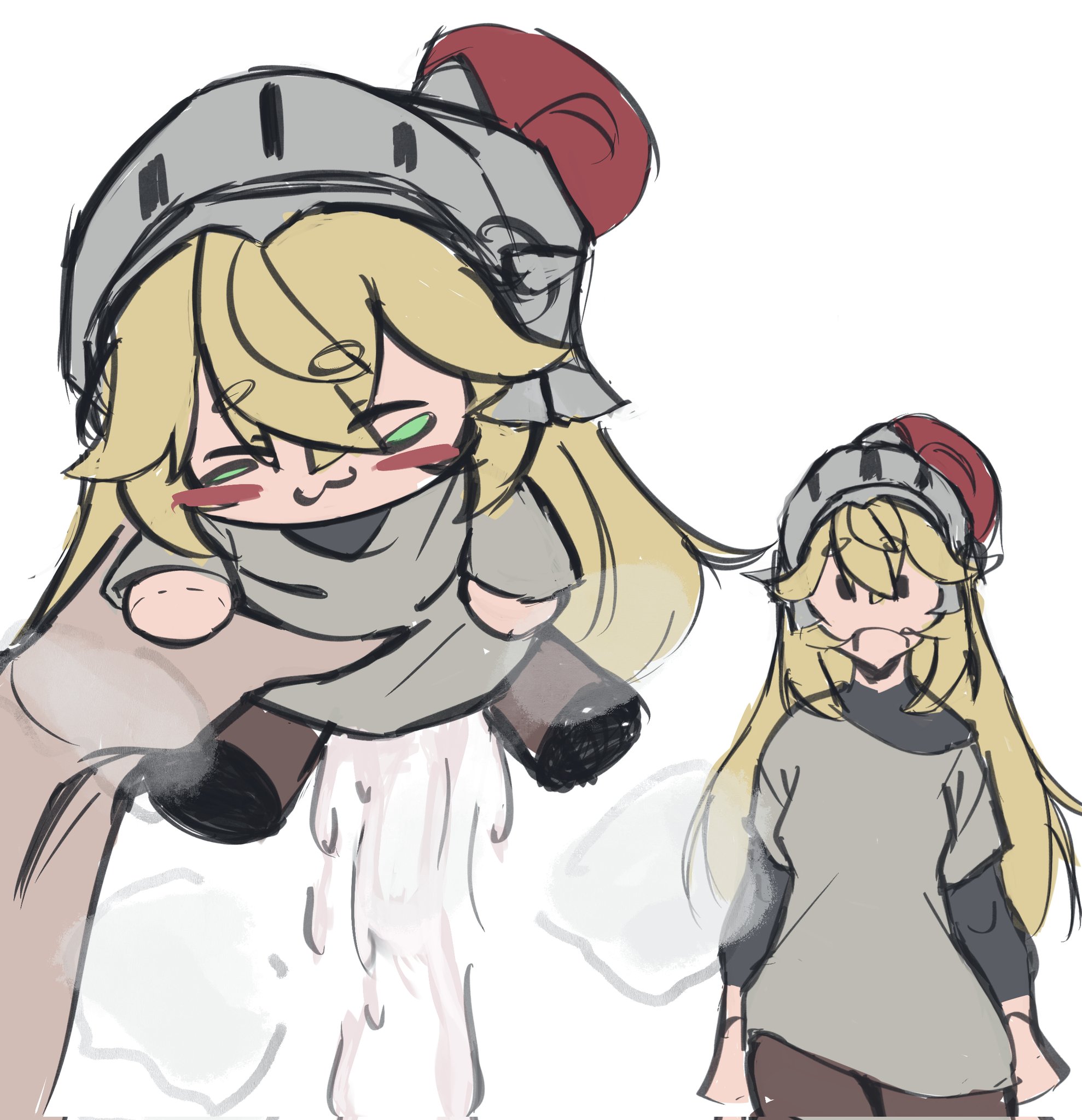 1girls, blonde hair, blush, blushing, clothing, cum, cum in plushie, disembodied hand, doll, female knight (guardian tales), green eyes, guardian tales, helmet, long hair, matapuerkozz, plushie, simple background, sparkle doll meme, white skin
