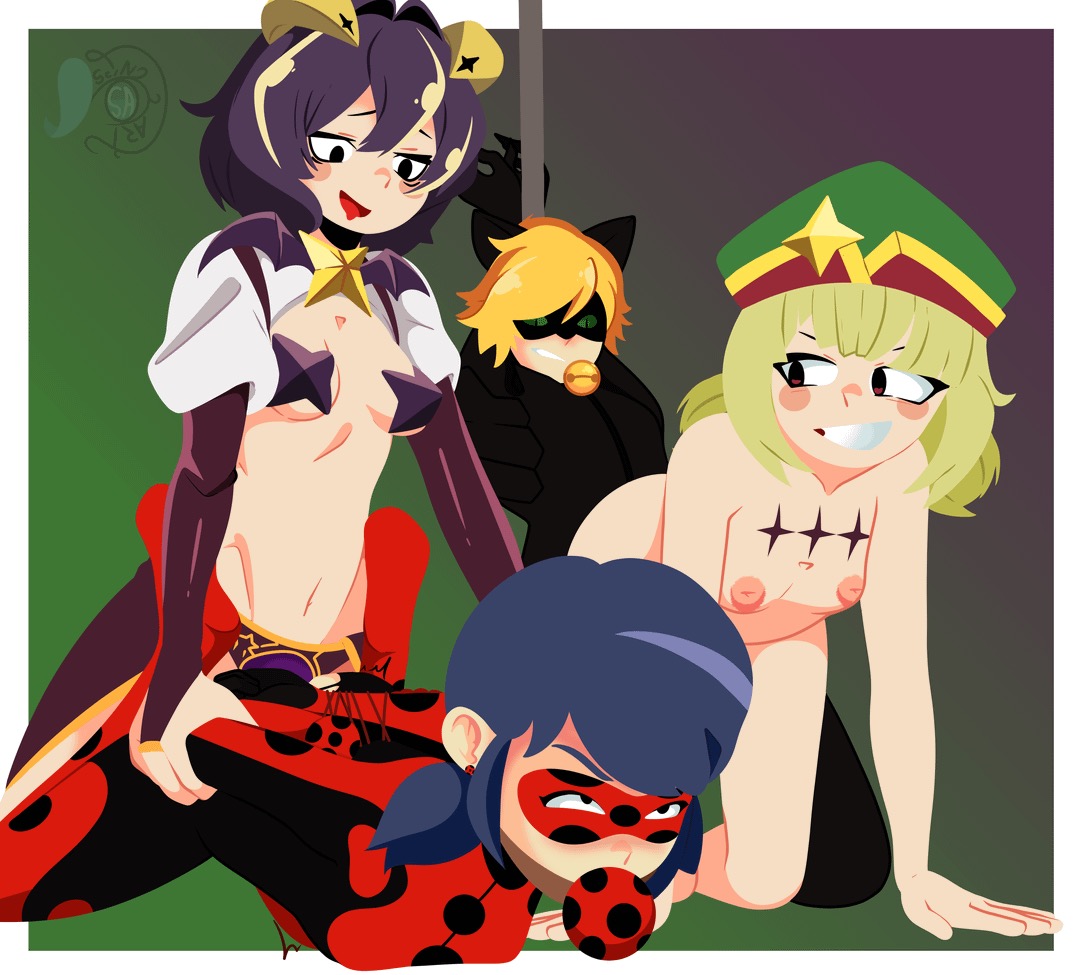 adrien agreste, araga kiwi, ball gag, breasts, cat noir, chat noir, crossover, defeated heroine, defeated superheroine, female focus, hiiragi utena, ladybug (character), leoparde (mahou shoujo ni akogarete), magia baiser, mahou shoujo ni akogarete, marinette dupain-cheng, miraculous ladybug, rape, scynart, straight sex, strap-on, superheroine, yuri