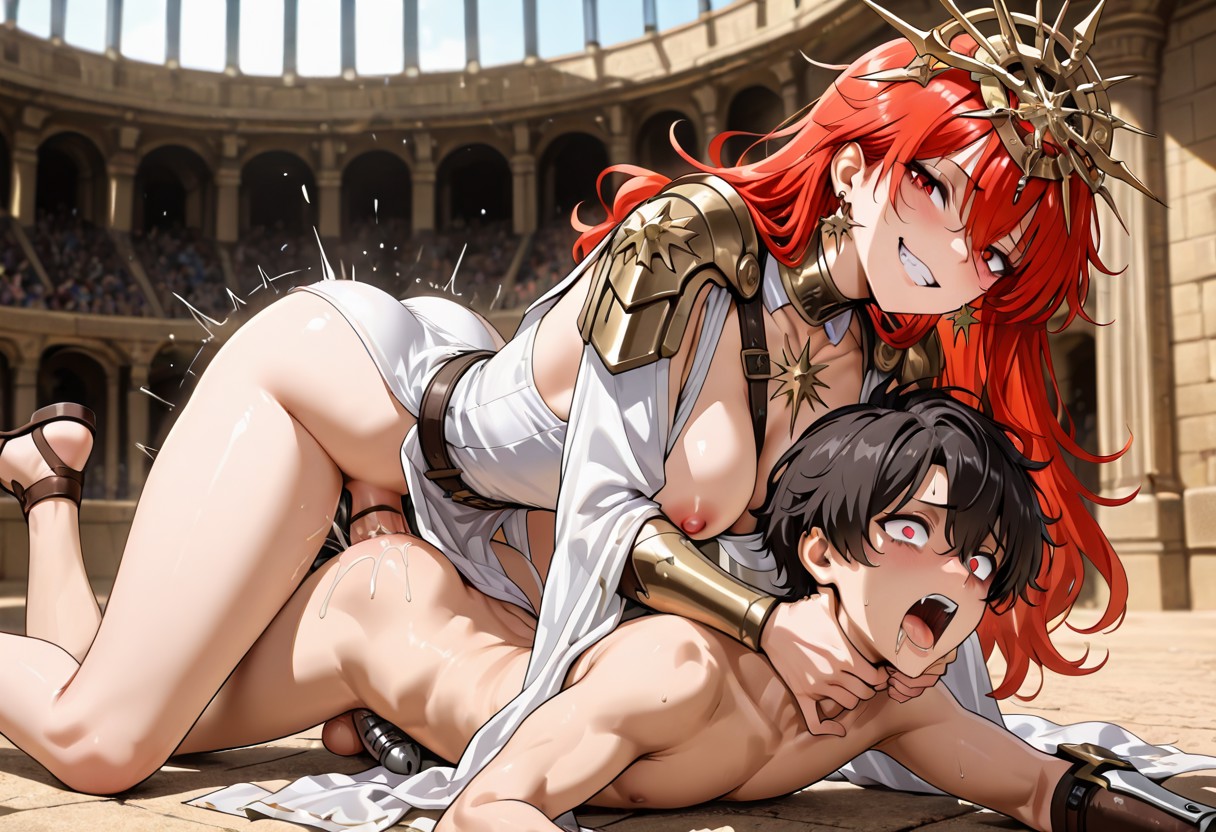 , ai assisted, ai generated, anal, anal penetration, anal sex, augusta (wuthering waves), chastity cage, choking, choking while penetrating, colosseum, cumming while penetrating, doggy style, dominant futa, futa on male, futadom, futanari, gauntlets, hair ornament, long hair, pauldrons, prone bone, red eyes, red hair, submissive male, white clothing, wuthering waves