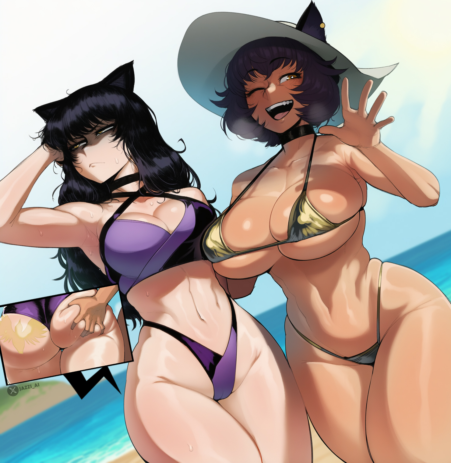 2girls, ai generated, beach, big ass, big breasts, bikini, black hair, blake belladonna, cardin winchester, cat ears, catgirl, groping, groping from behind, incest, insignia, jazzifu, kali belladonna, light-skinned female, long hair, looking at viewer, medium breasts, mother and daughter, older female, rwby, scowl, self upload, shaded face, simple background, sweat, swimsuit, tanned, tattoo, thick thighs, twitter username, yellow eyes, younger female