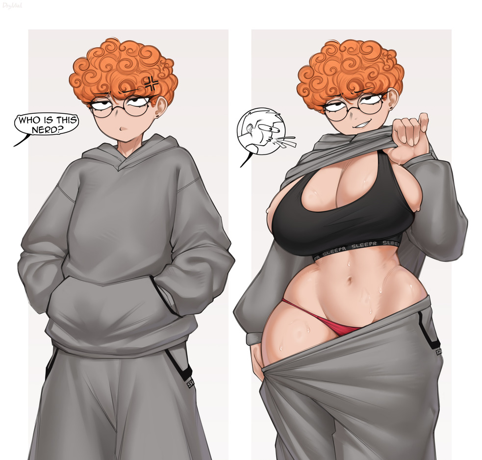 big_breasts breast_awe breasts comic dialogue dryvial female ginger hidden_curves offscreen_character red_hair redhead sleeper_build tagme text tomboy