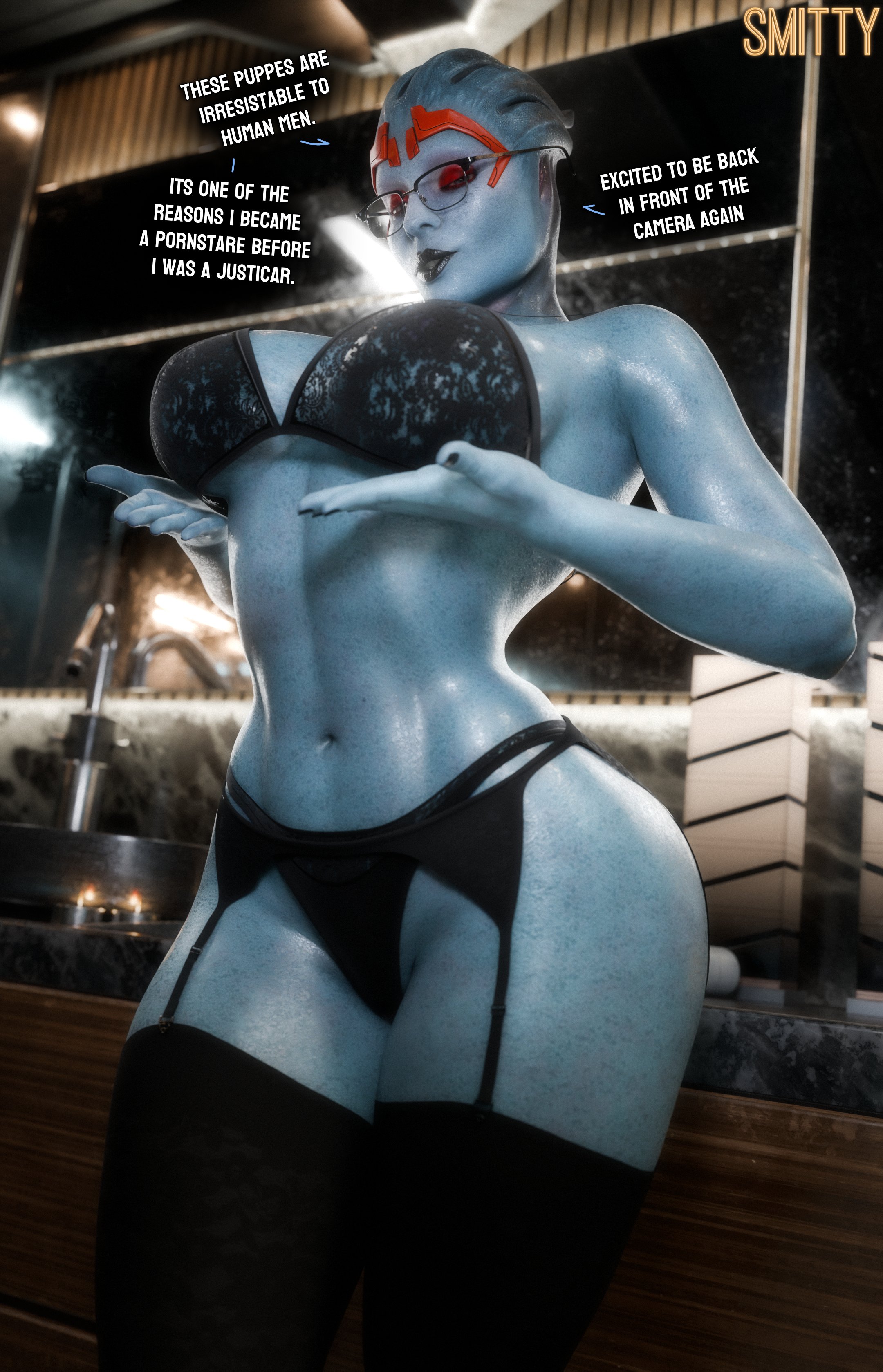 1girls, 2026, 3d, 3d (artwork), alien, alien girl, alien humanoid, artist name, asari, blue skin, blue-skinned female, breasts, busty, busty female, dialogue, english text, fit, fit female, glasses, heroine, hourglass figure, human is better, human'd, humaned, interspecies, large breasts, lingerie, looking at viewer, mass effect, mature female, milf, no sex, non-human only, porn star, presenting, presenting cleavage, samara, smitty34, text, thighhighs, voluptuous