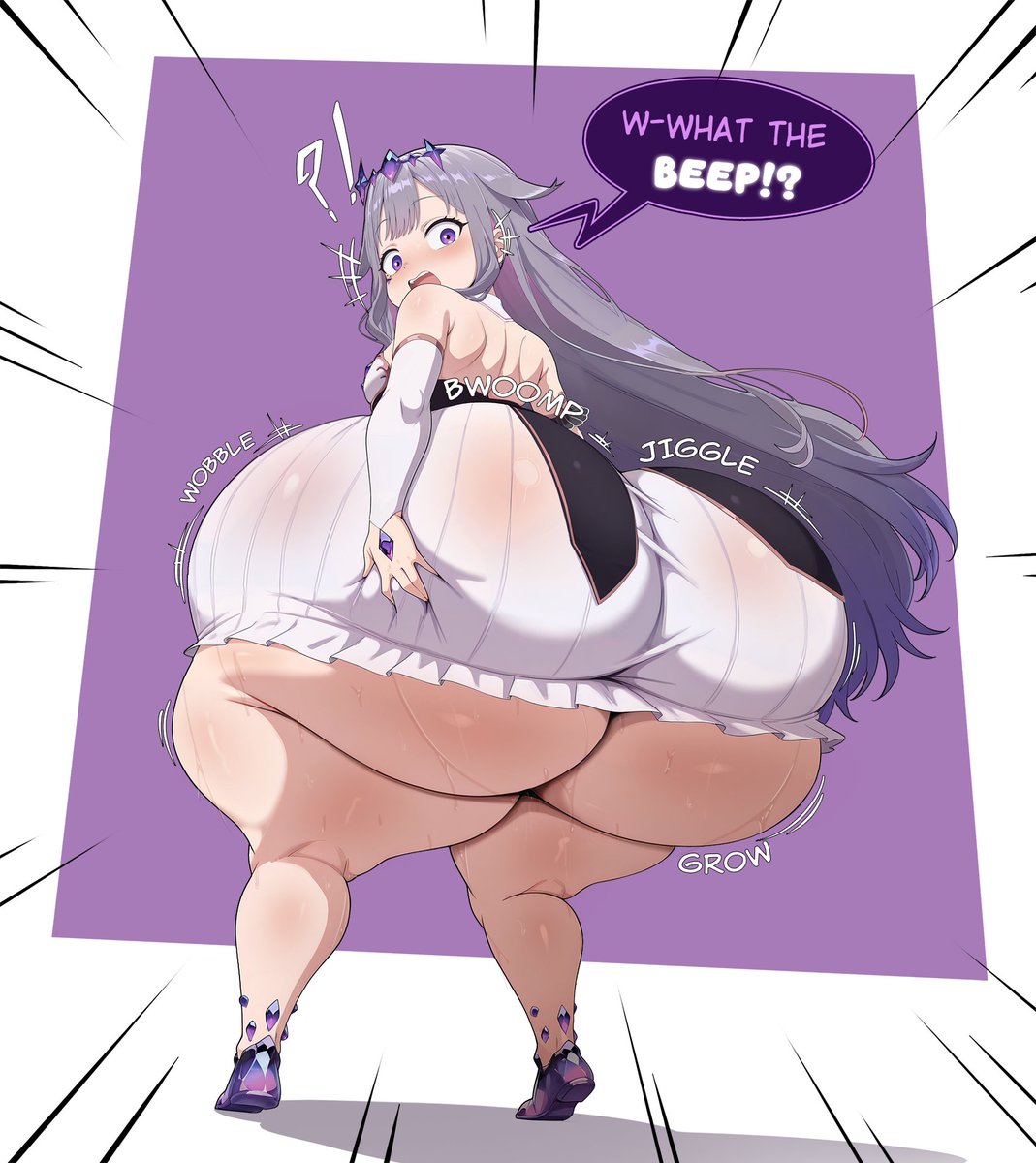 ai assisted, ass, ass bigger than head, ass bigger than skirt, ass bigger than torso, ass built separately, ass expansion, ass focus, ass grab, ass jiggle, ass visible under skirt, big ass, big breasts, big butt, bottom heavy, breasts, crown, crystals, dress, female, gems, giant ass, giant butt, giant thighs, girl, hololive, hololive english, hololive english -advent-, huge ass, huge butt, huge thighs, hyper, hyper ass, hyper butt, jewel on forehead, jiggle, jiggle physics, jiggling, jiggling ass, jiggling butt, koseki bijou, monkechrome, shortstack, small breasts, surprised, surprised expression, surprised face, sweat, text, text bubble, thighs, virtual youtuber, wobble, wobbling, wobbling ass, wobbling butt