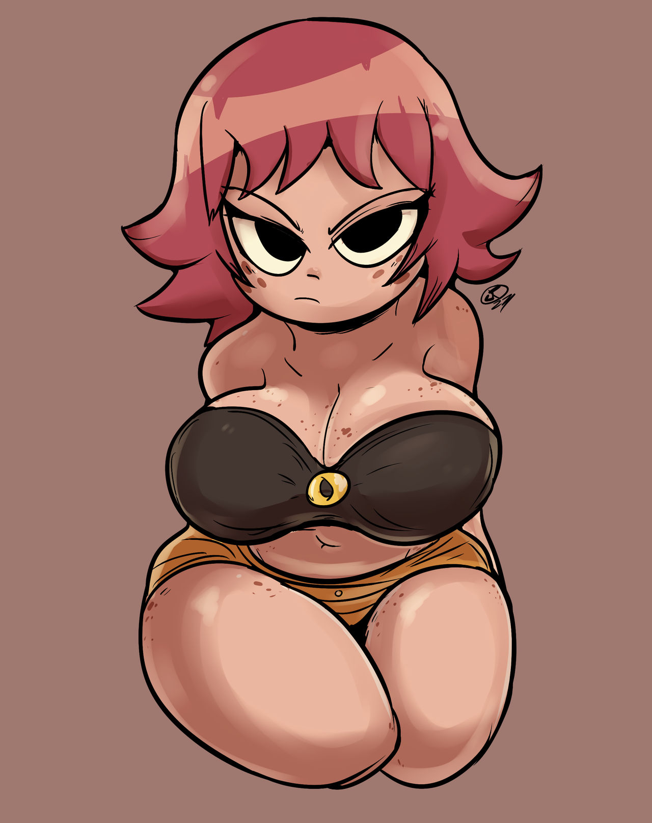 artist signature, auburn hair, big breasts, bra, breasts, freckles, frowning at viewer, jaqartdood, kim pine, looking at viewer, odiumcore, on knees, scott pilgrim, shorts, simple background