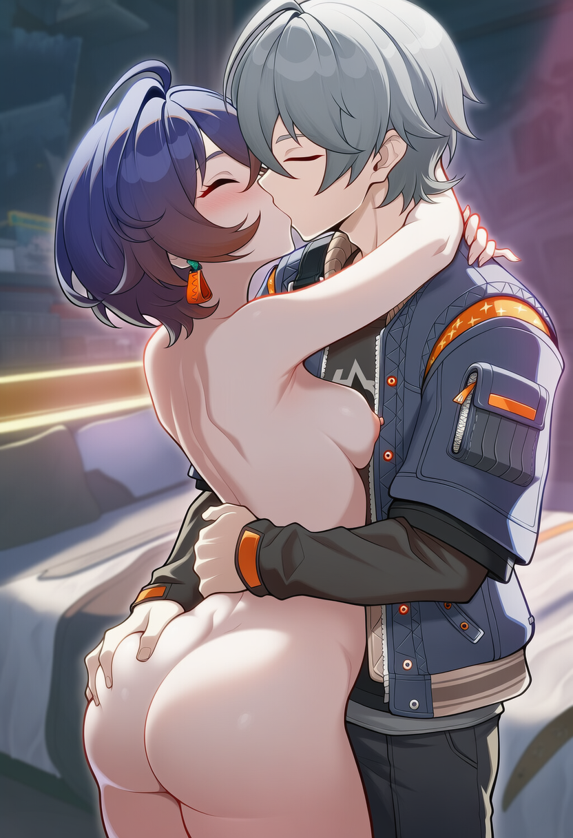 1boy, 1girls, 2026, ai generated, arms around neck, bed, bedroom, belle (zenless zone zero), big ass, big butt, big thighs, blue hair, blushing, brother and sister, exposed ass, exposed breasts, exposed nipples, exposed shoulders, exposed torso, eyes closed, female, grabbing ass, gray hair, hentai, hoyoverse, hugging, incest, kiss, kissing, light skin, light-skinned female, lunealter, male, male/female, medium breasts, mihoyo, multicolored hair, naked, naked female, nsfw, pale skin, pale-skinned male, short hair, small nipples, standing, thick ass, thick butt, thick hips, thick legs, thick thighs, uncensored, wise (zenless zone zero), zenless zone zero