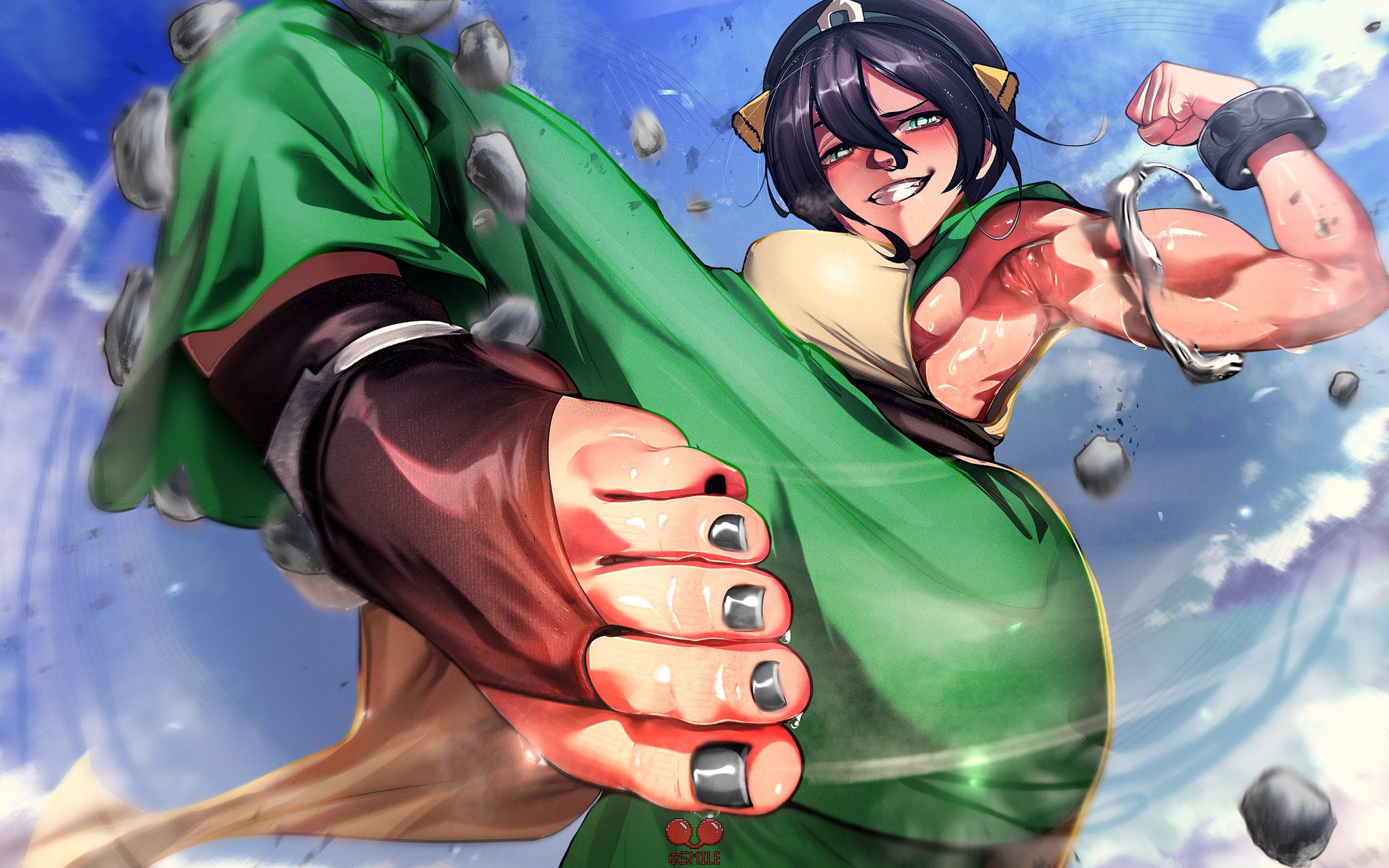 armpit, armpits, arms up, avatar the last airbender, barefoot, esmile, feet, flexing, flexing bicep, foot fetish, foot focus, fully clothed, muscles, muscular, muscular female, painted toenails, perspective, pointy breasts, sideboob, smile, smiling, sweat, the legend of korra, toenail polish, toph bei fong