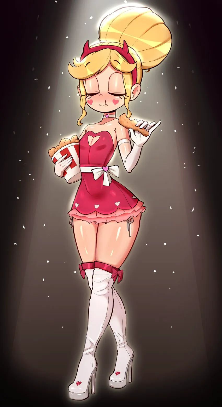 blonde, blonde hair, boots, chicken (food), choker, closed eyes, curvy, curvy figure, dress, eating, eating food, female, hair bun, heels, high heel boots, high heels, rukisan, skirt, star butterfly, star vs the forces of evil, string panties, thighs