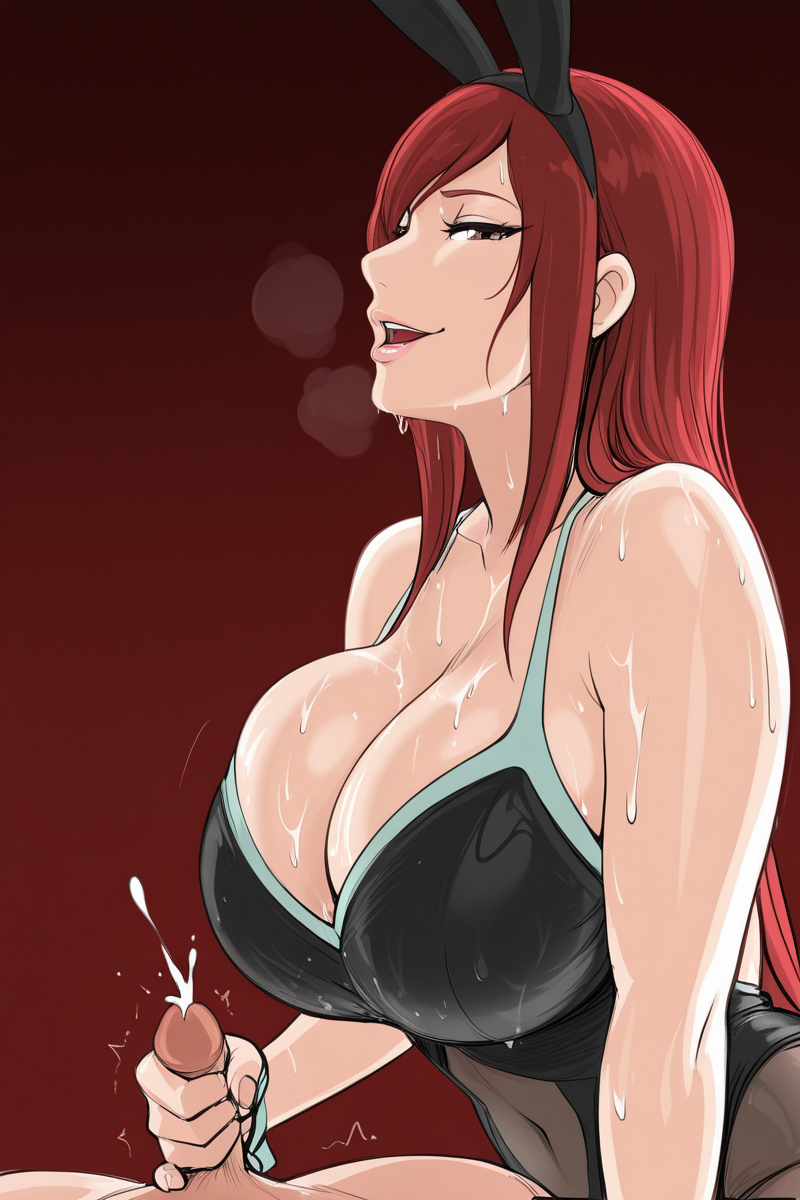 1girls, ai generated, brown eyes, bunny ears, bunnysuit, cleavage, cum, deep cleavage, dominant, erza scarlet, fairy tail, hi res, high quality, highres, huge breasts, large breasts, lips, red hair, red-haired female, small penis, small penis adoration, small penis humiliation, smirk, trembling