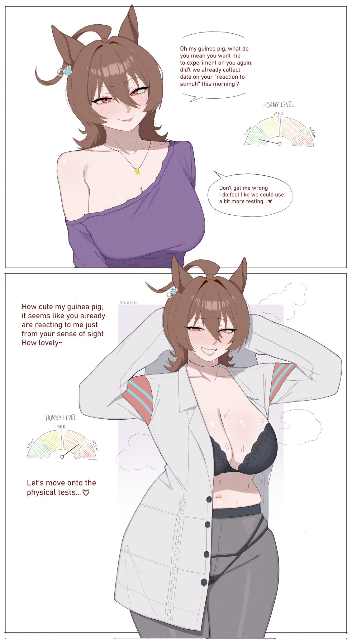 1girls, agnes tachyon (umamusume), animal ears, blush, bra, breasts, brown hair, cleavage, english text, hair between eyes, horse ears, horse girl, huge breasts, jewelry, lab coat, looking at viewer, panties, pantyhose, sakuzoart, see-through, shirt, smile, sweat, tagme, thick thighs, thighs, umamusume, underwear