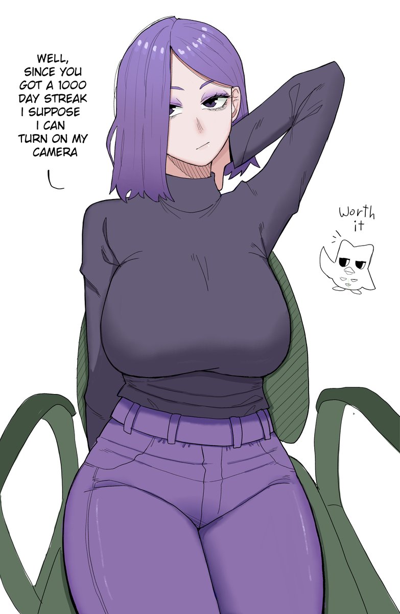 1girls, adjusting hair, belt, big breasts, blush, breasts, clothing, denim, duolingo, english text, hand in hair, huge breasts, jeans, large breasts, lily (duolingo), long hair, looking at viewer, pants, purple eyes, purple hair, sakuzoart, sweater, tagme, very long hair