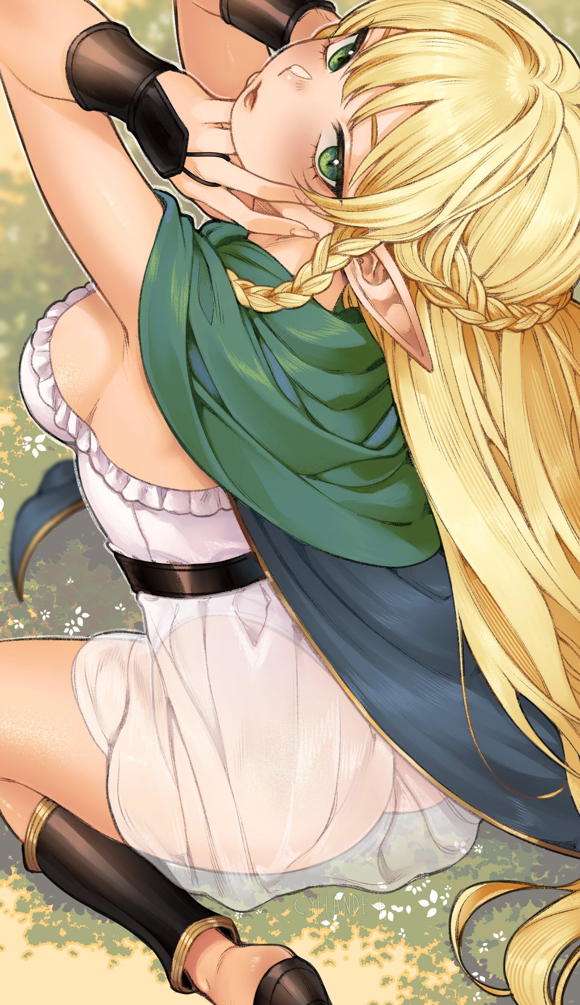 1girls, ass, ass through clothes, blonde, blonde female, blonde hair, blonde-haired female, breasts, elf, elf ears, elf female, eltolinde (unicorn overlord), female, green eyes, leotard, leotard under clothes, long hair, see-through, see-through clothing, sideboob, unicorn overlord, white leotard, yiiande