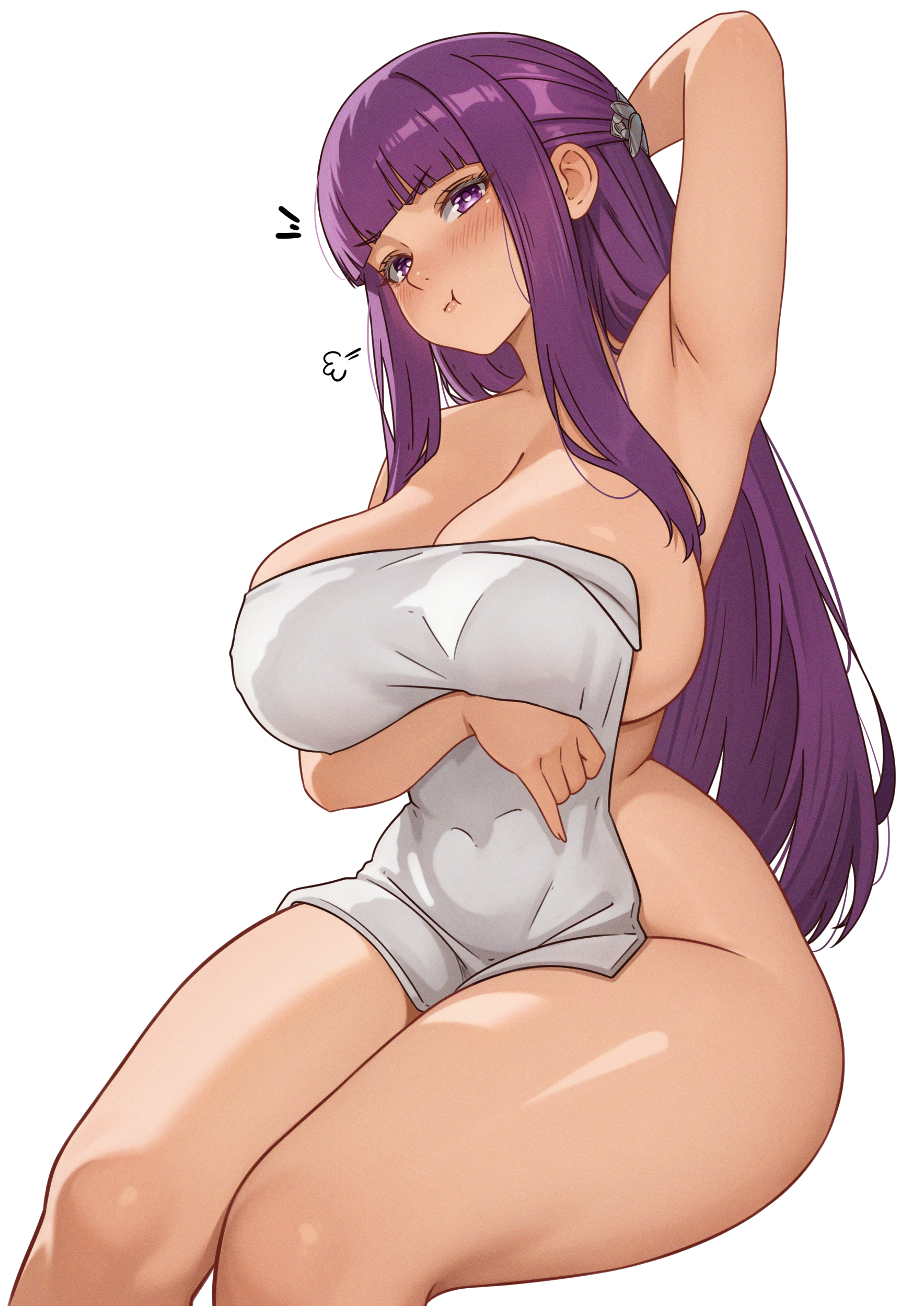 1girls, alternate version available, arm behind head, arm under breasts, armpits, big breasts, blush, breasts, cetta (cettadvd), cleavage, female, female only, fern (sousou no frieren), hair, hairclip, hips, huge breasts, long hair, pout, pouting, purple eyes, purple hair, solo, solo female, sousou no frieren, thick thighs, thighs, towel, towel only, white background