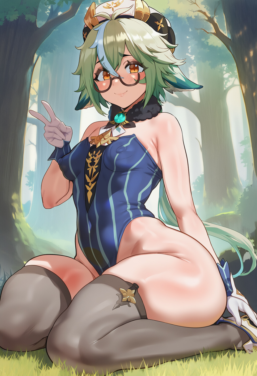 :), 1girls, ai generated, animal ears, back view, blush, butt, closed mouth, exposed thighs, fat ass, female, genshin impact, glasses, gloves, green hair, hi res, hoyoverse, huge ass, kneeling, large ass, legwear, leotard, looking at viewer, medium breasts, mihoyo, necktie, outside, peace sign, phantomtobi, rear view, shoes, short hair, sitting, smile, stockings, sucrose (genshin impact), suit, thick thighs, v sign, yellow eyes
