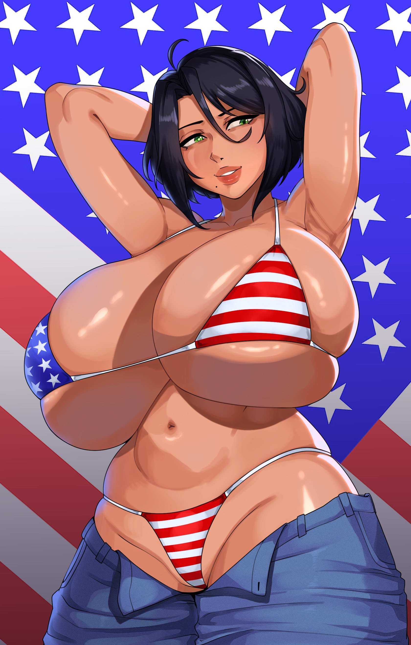 1girls, american flag bikini, arms up, big breasts, huge breasts, large ass, pants down, strongmoist